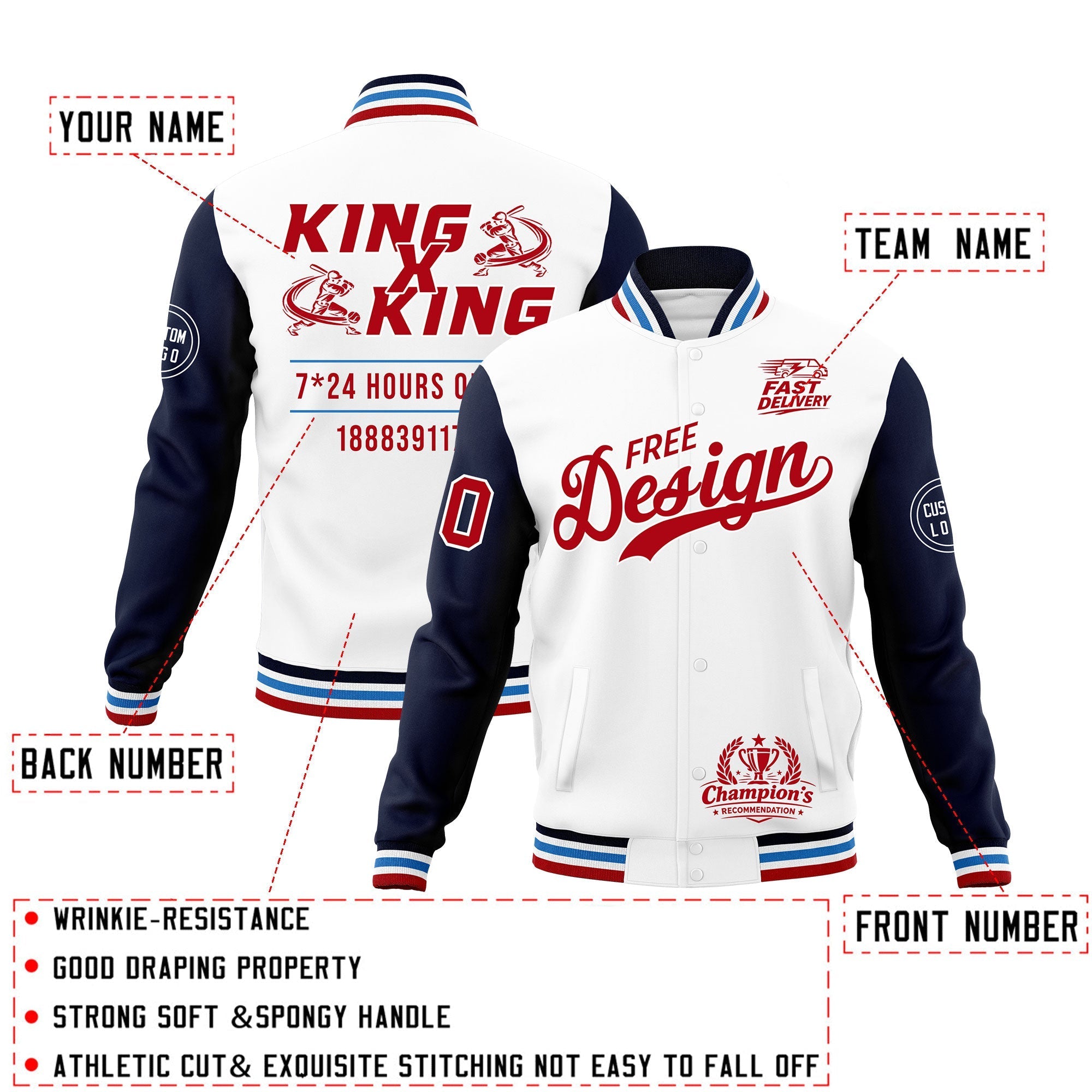 Custom White Navy Light Blue Classic Style Full-Snap Wrinkle-Resistant Jacket| KXKSHOP