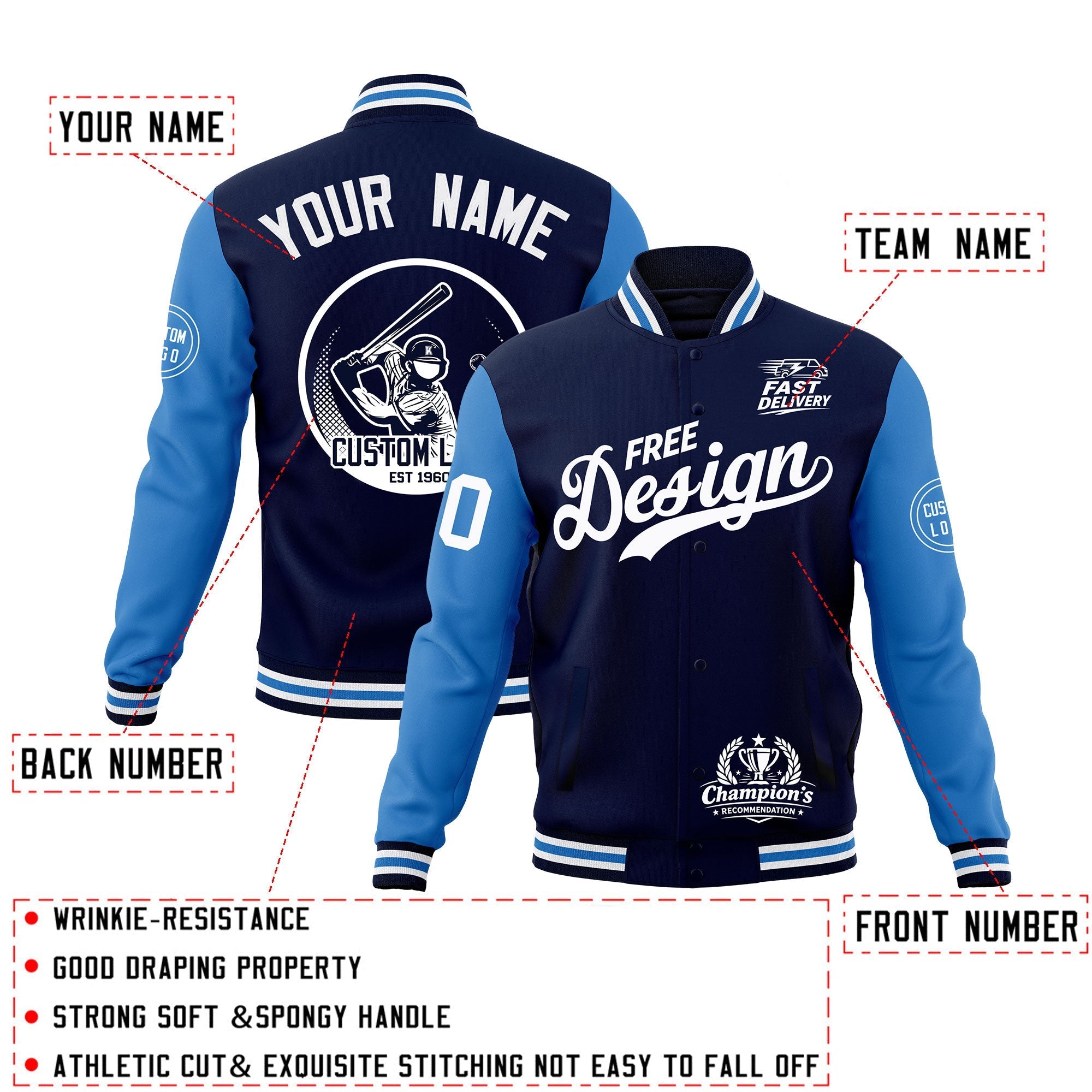 Custom Navy White Light Blue Classic Style Full-Snap Breathable Jacket| KXKSHOP