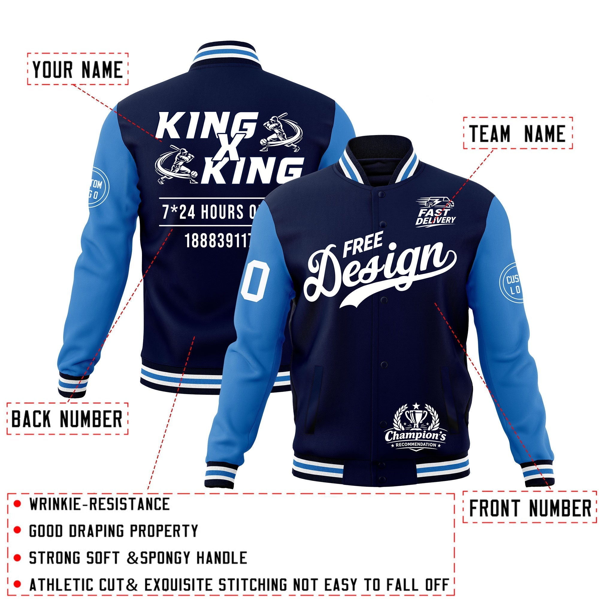 Custom Navy White Light Blue Classic Style Full-Snap Wrinkle-Resistant Jacket| KXKSHOP