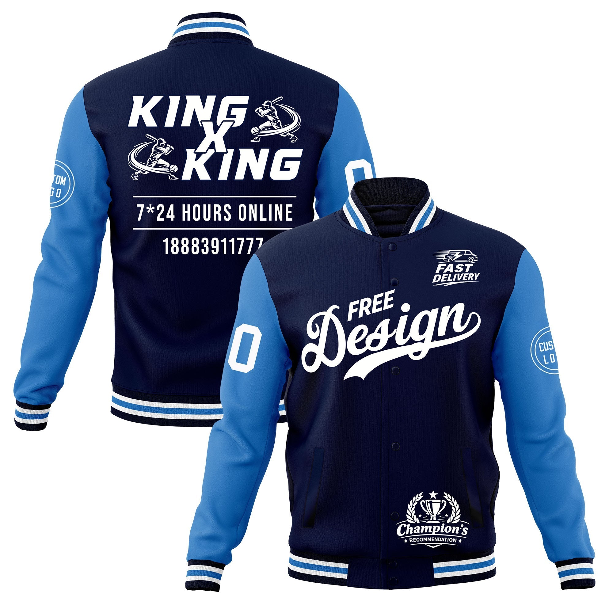 Custom Navy White Light Blue Classic Style Full-Snap Wrinkle-Resistant Jacket| KXKSHOP