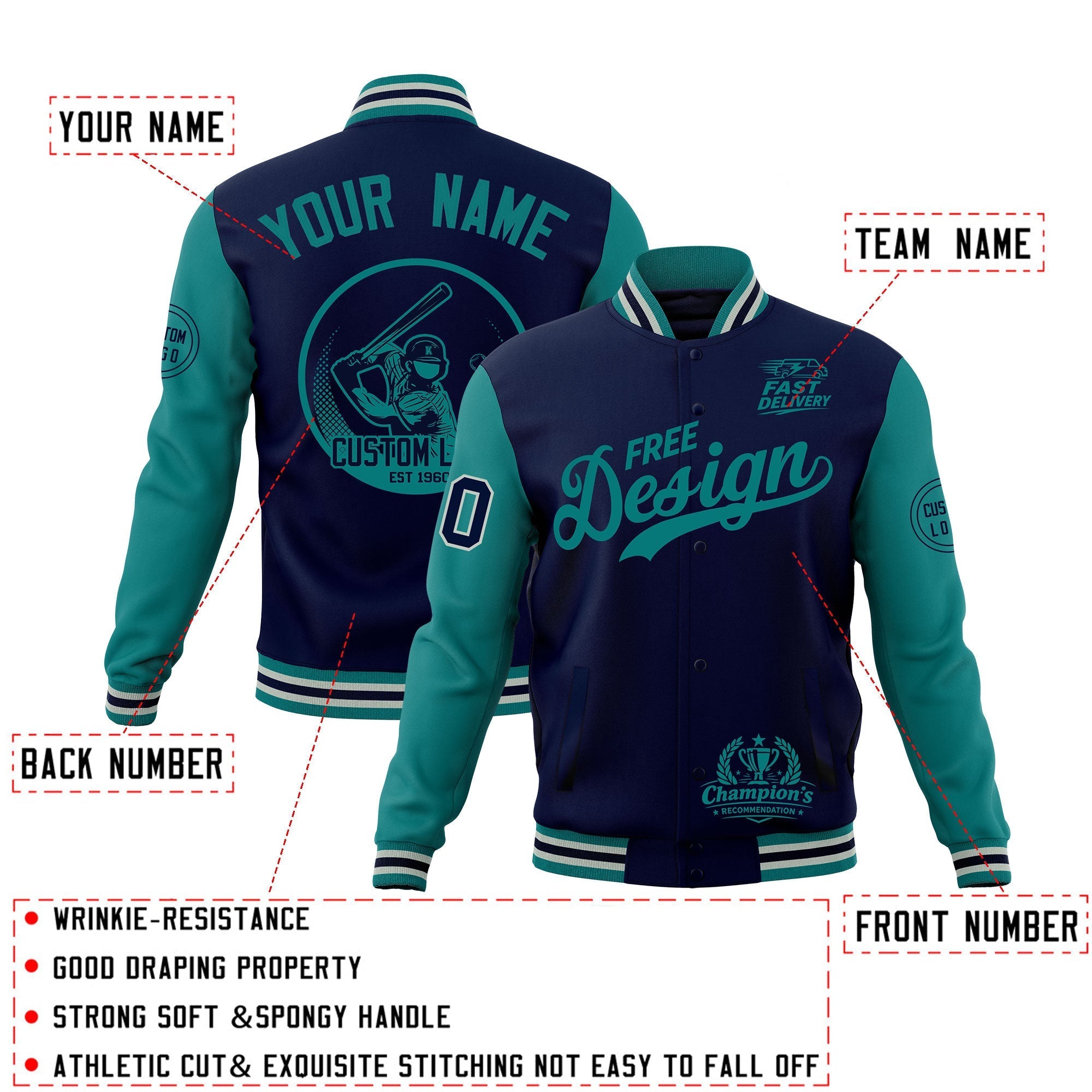 Custom Navy Teal Gray Classic Style Full-Snap Breathable Jacket| KXKSHOP