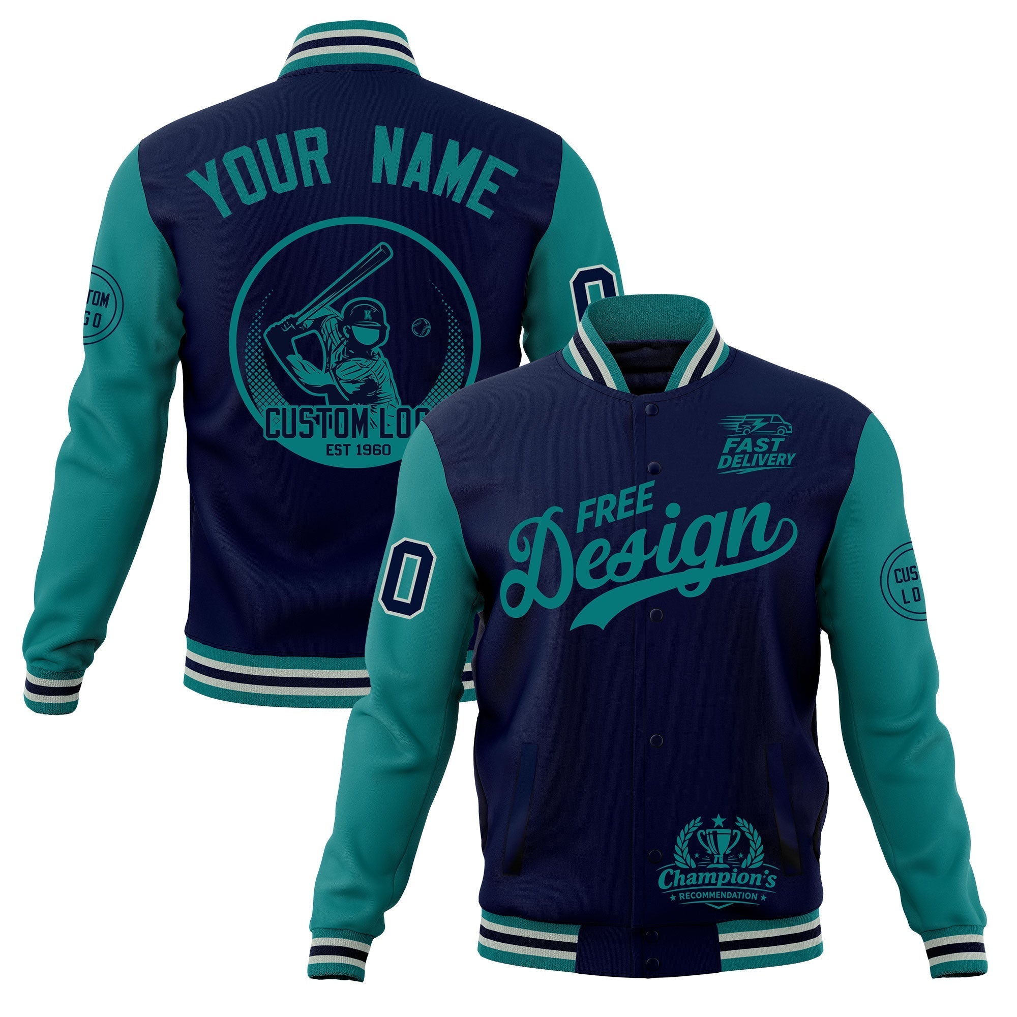 Custom Navy Teal Gray Classic Style Full-Snap Breathable Jacket| KXKSHOP