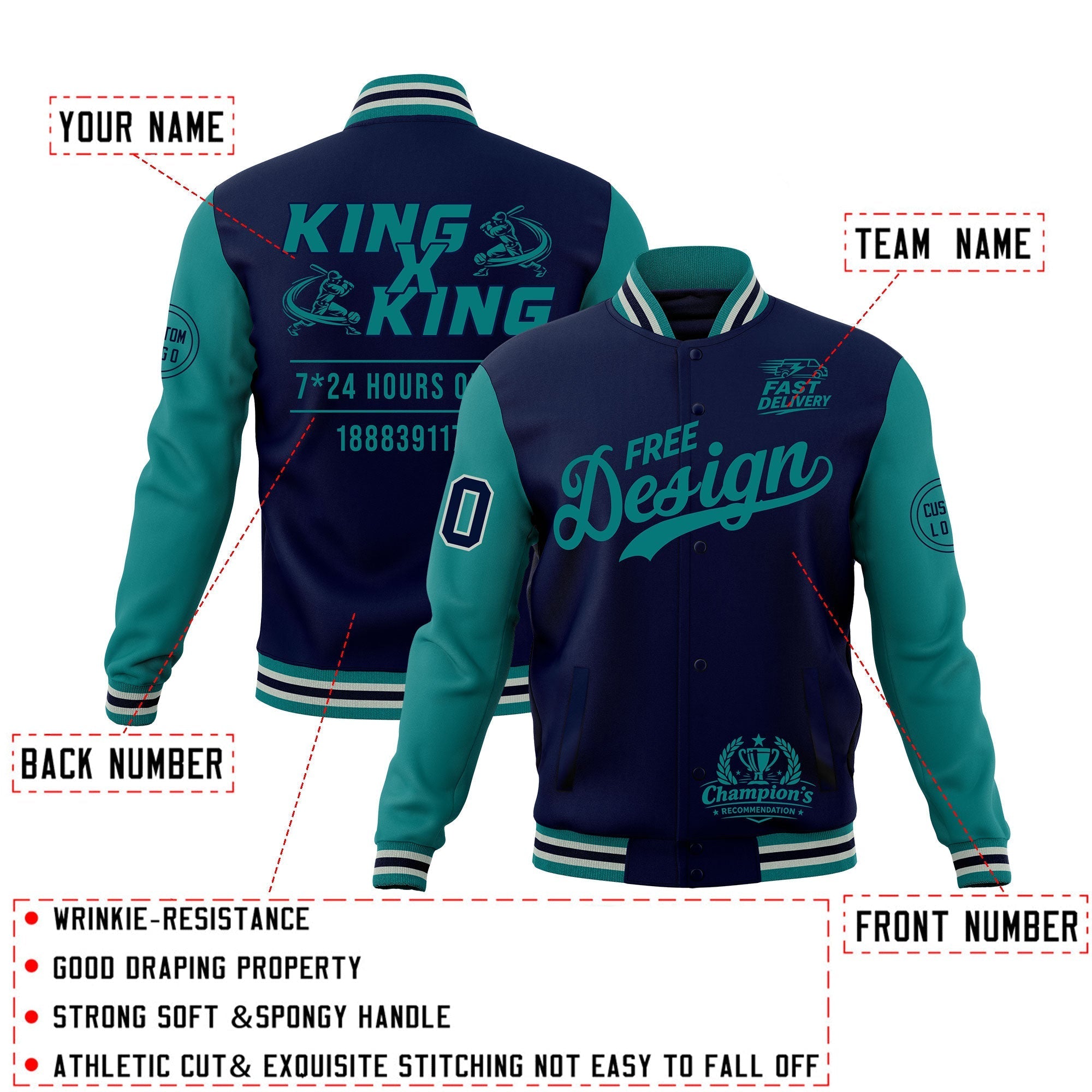 Custom Navy Teal Gray Classic Style Full-Snap Wrinkle-Resistant Jacket| KXKSHOP