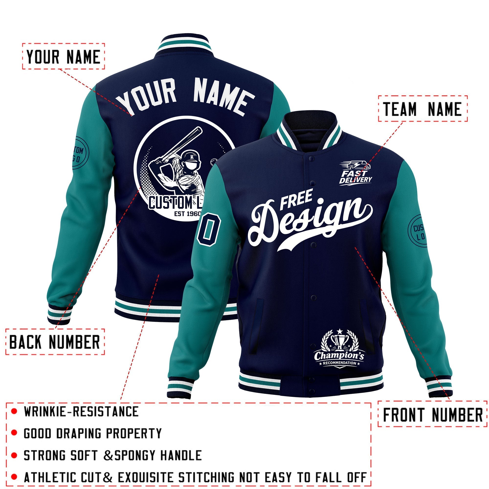 Custom Navy White Teal Classic Style Full-Snap Breathable Jacket| KXKSHOP