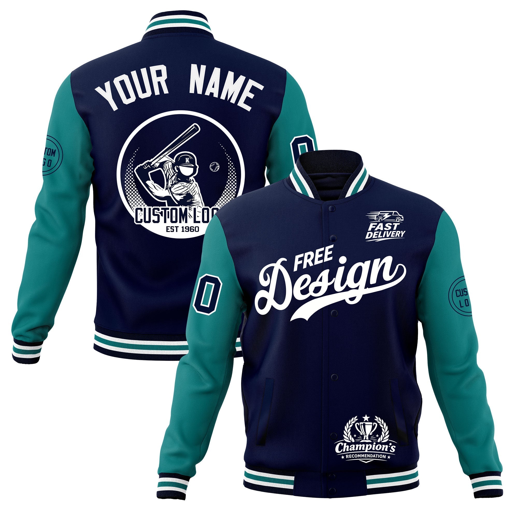 Custom Navy White Teal Classic Style Full-Snap Breathable Jacket| KXKSHOP