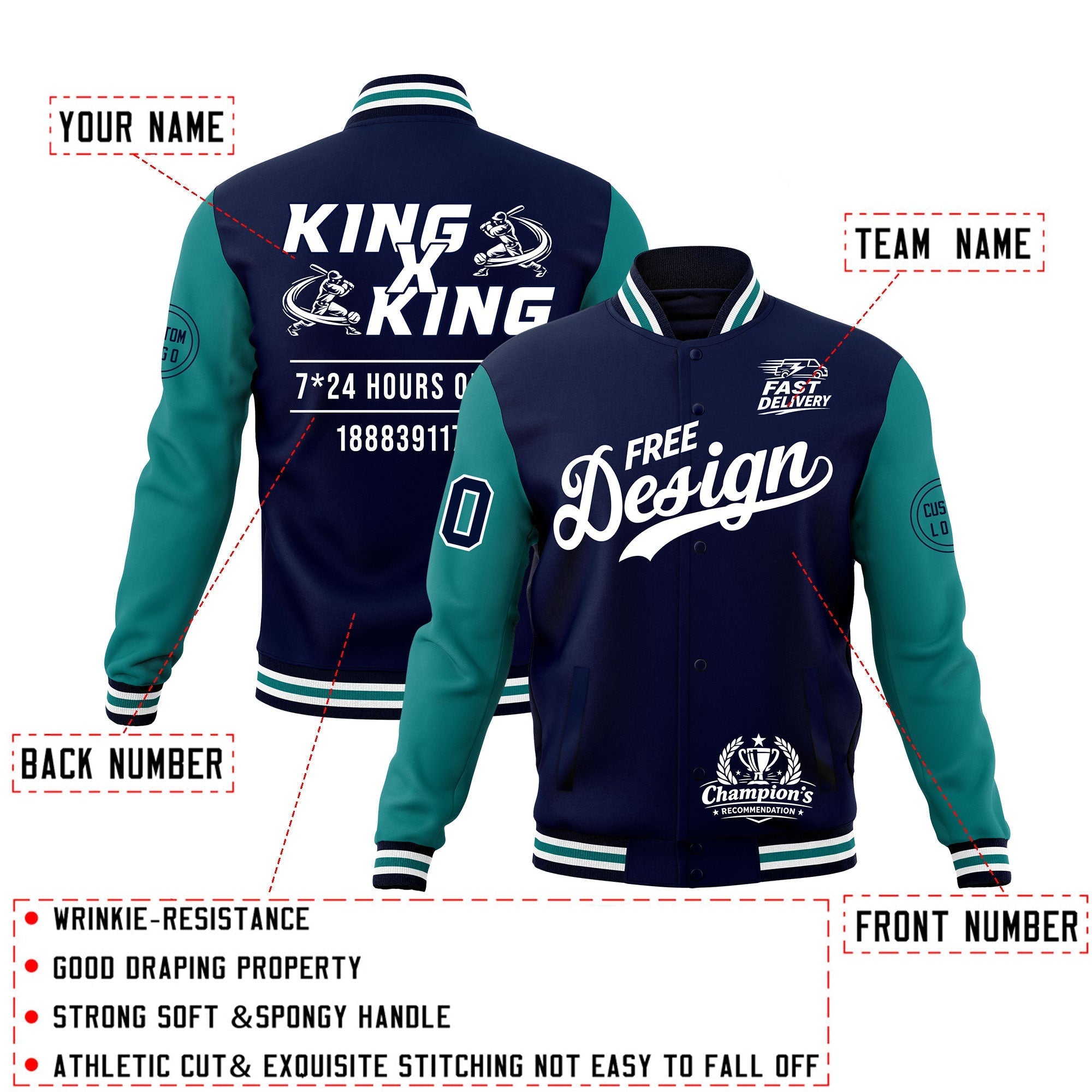 Custom Navy White Teal Classic Style Full-Snap Wrinkle-Resistant Jacket| KXKSHOP
