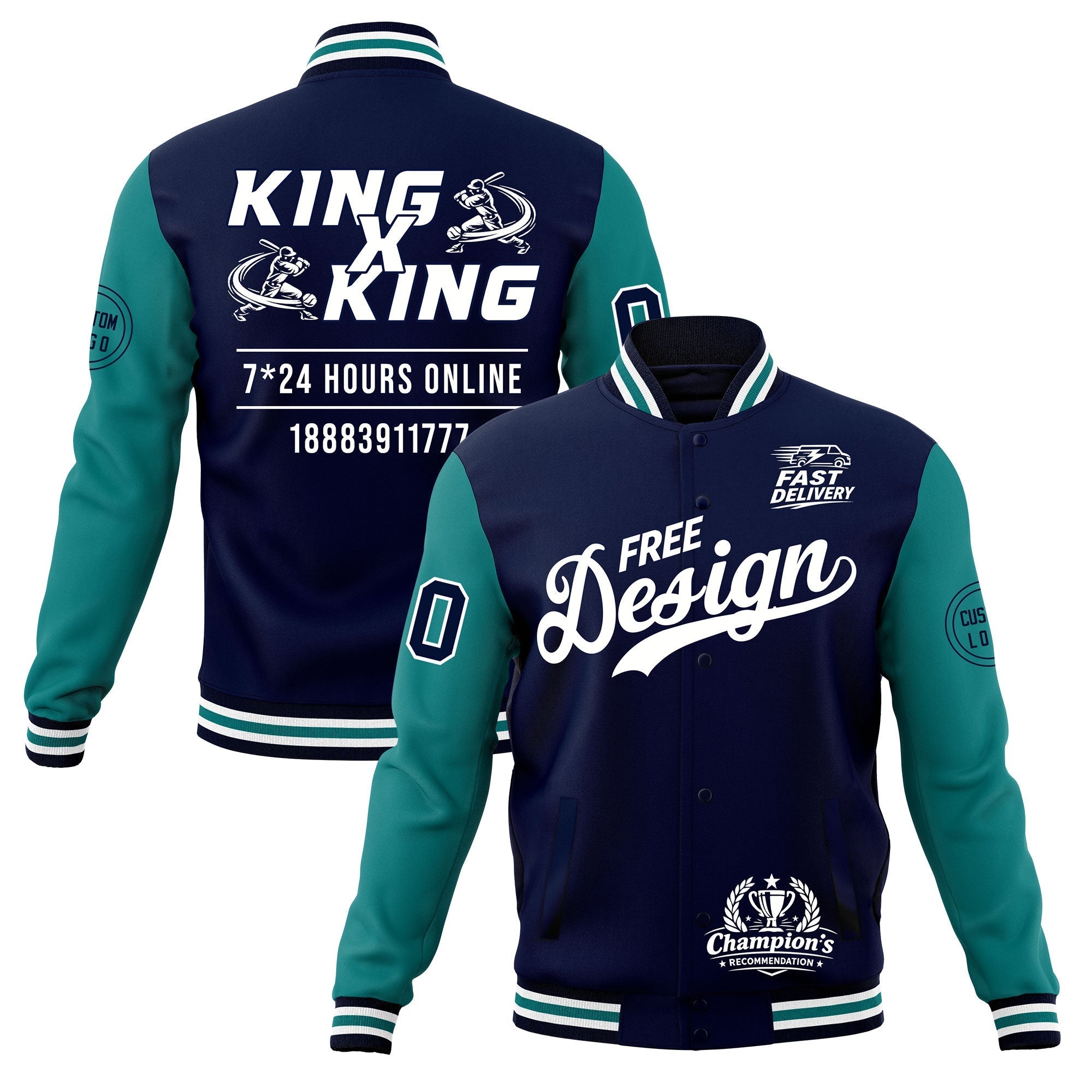 Custom Navy White Teal Classic Style Full-Snap Wrinkle-Resistant Jacket| KXKSHOP