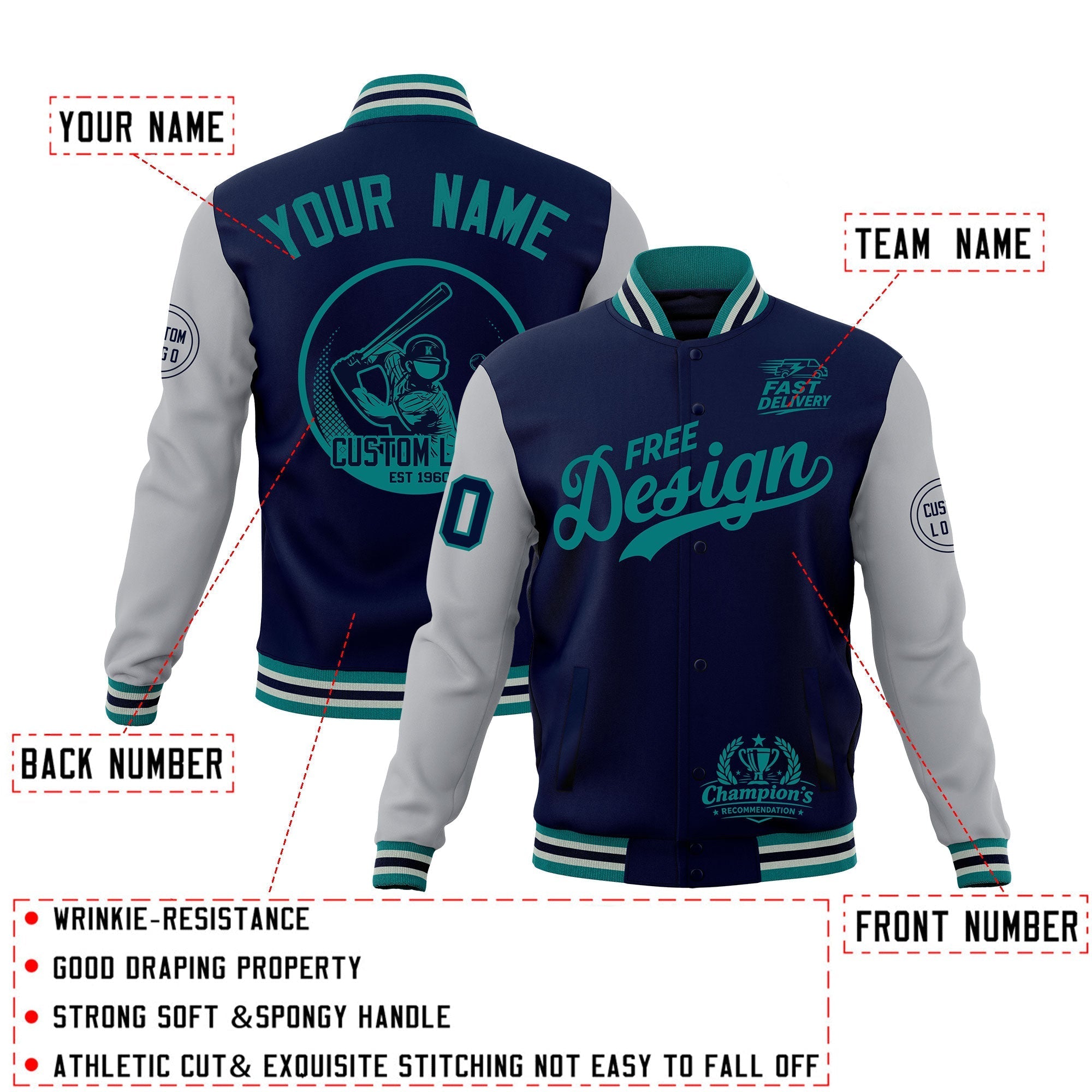 Custom Navy Teal Gray Classic Style Full-Snap Breathable Jacket| KXKSHOP