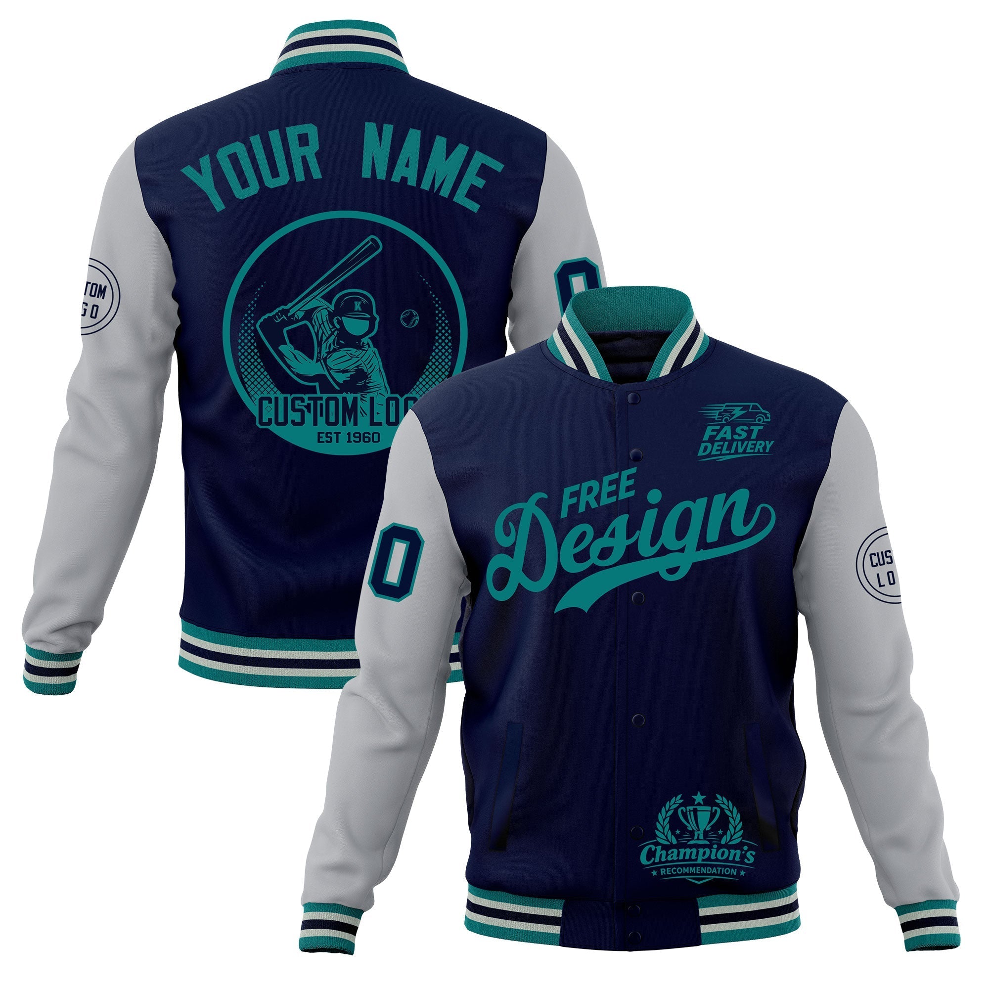 Custom Navy Teal Gray Classic Style Full-Snap Breathable Jacket| KXKSHOP