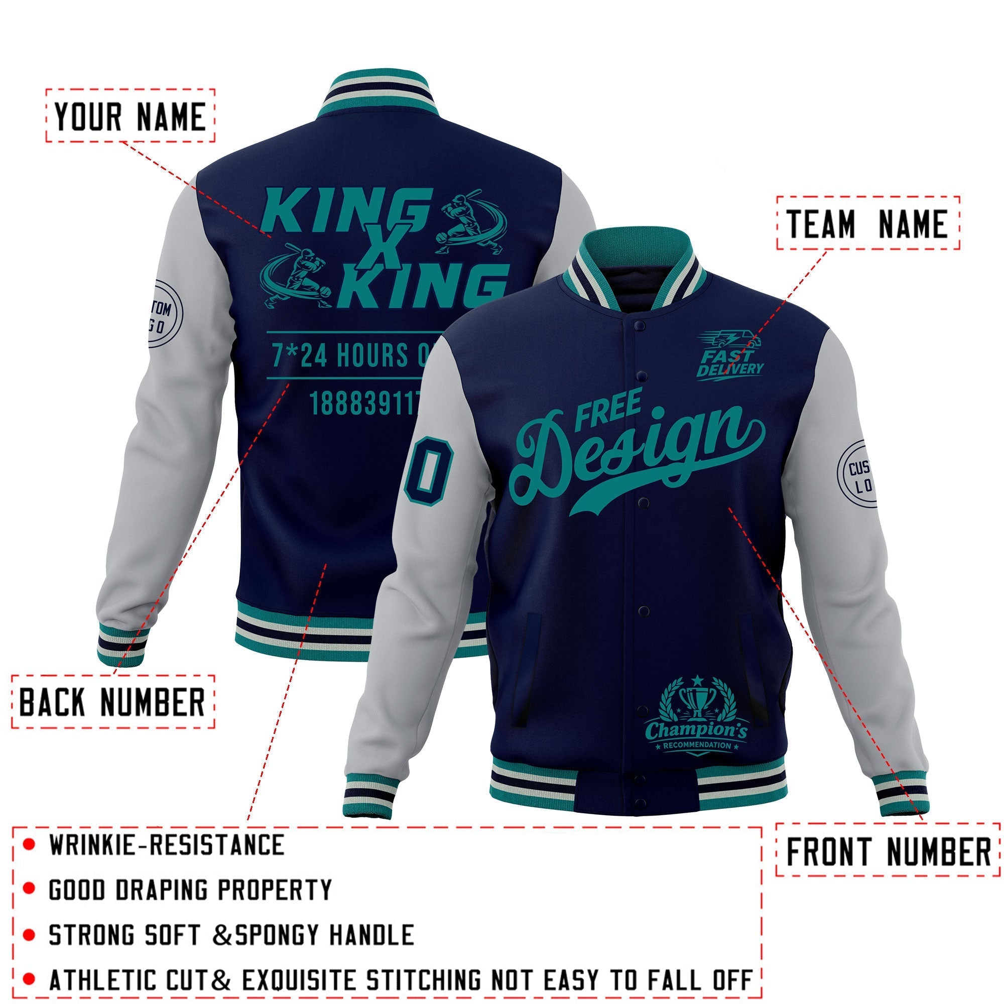 Custom Navy Teal Gray Classic Style Full-Snap Wrinkle-Resistant Jacket| KXKSHOP