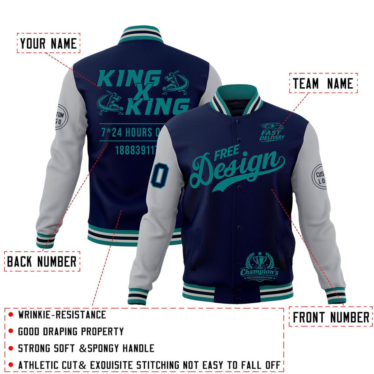 Custom Navy Teal Gray Classic Style Full-Snap Wrinkle-Resistant Jacket| KXKSHOP