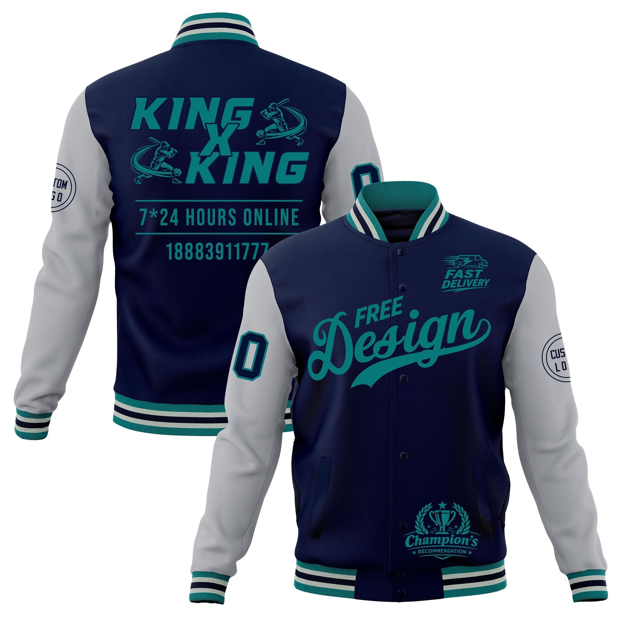 Custom Navy Teal Gray Classic Style Full-Snap Wrinkle-Resistant Jacket| KXKSHOP