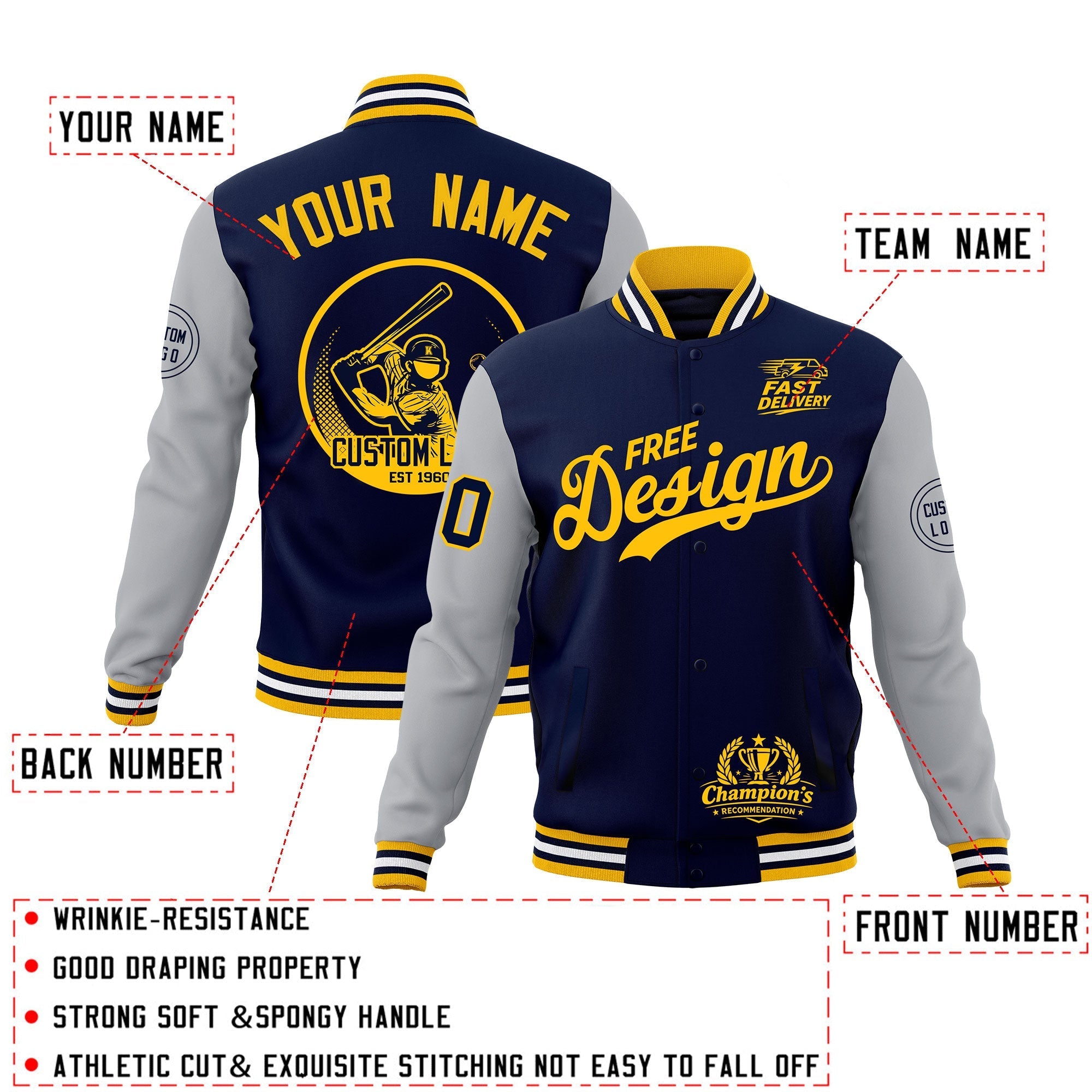Custom Navy Gold White Classic Style Full-Snap Breathable Jacket| KXKSHOP