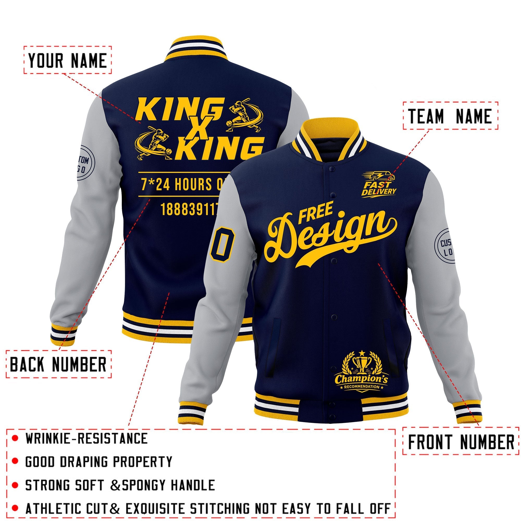 Custom Navy Gold White Classic Style Full-Snap Wrinkle-Resistant Jacket| KXKSHOP