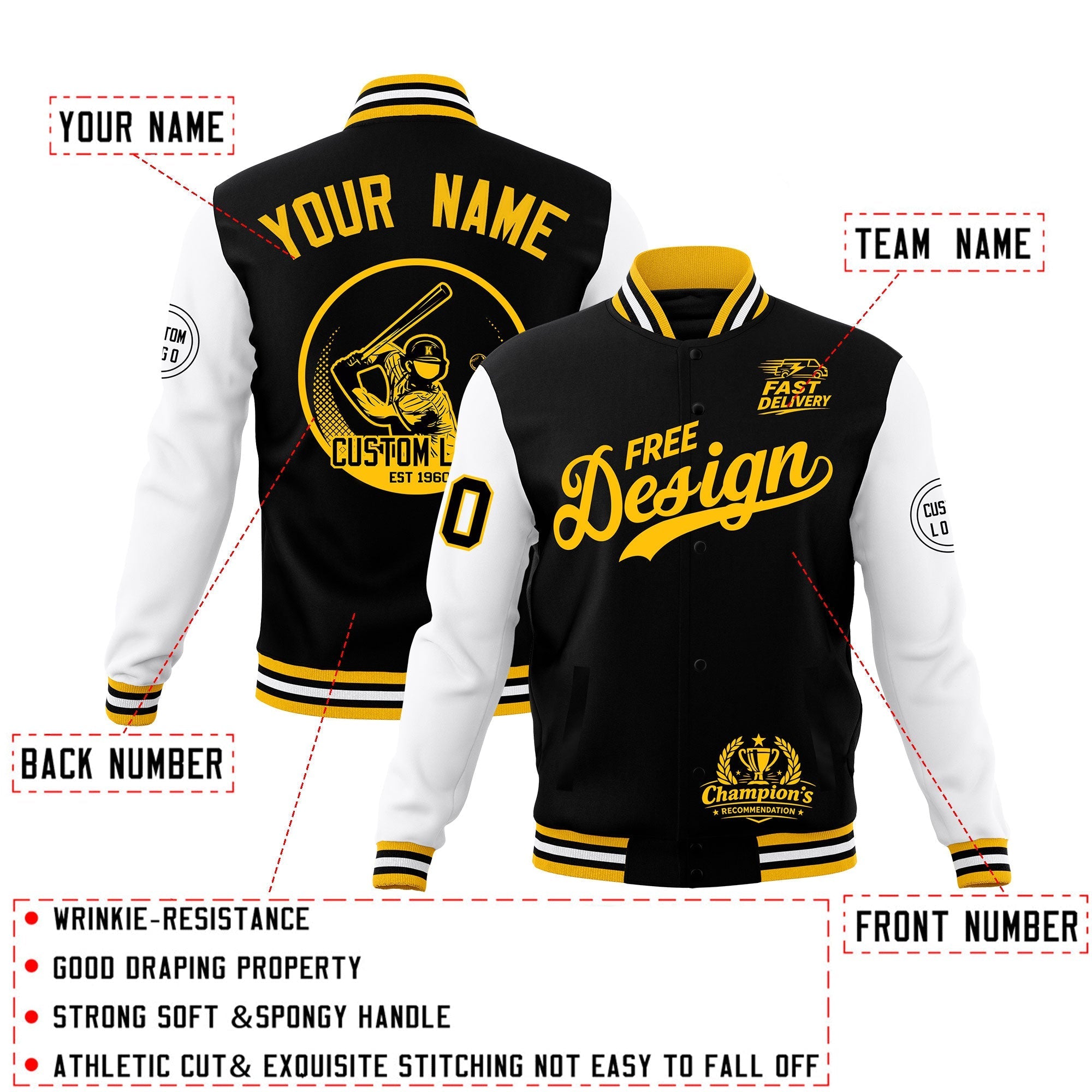 Custom Black Gold White Classic Style Full-Snap Breathable Jacket| KXKSHOP