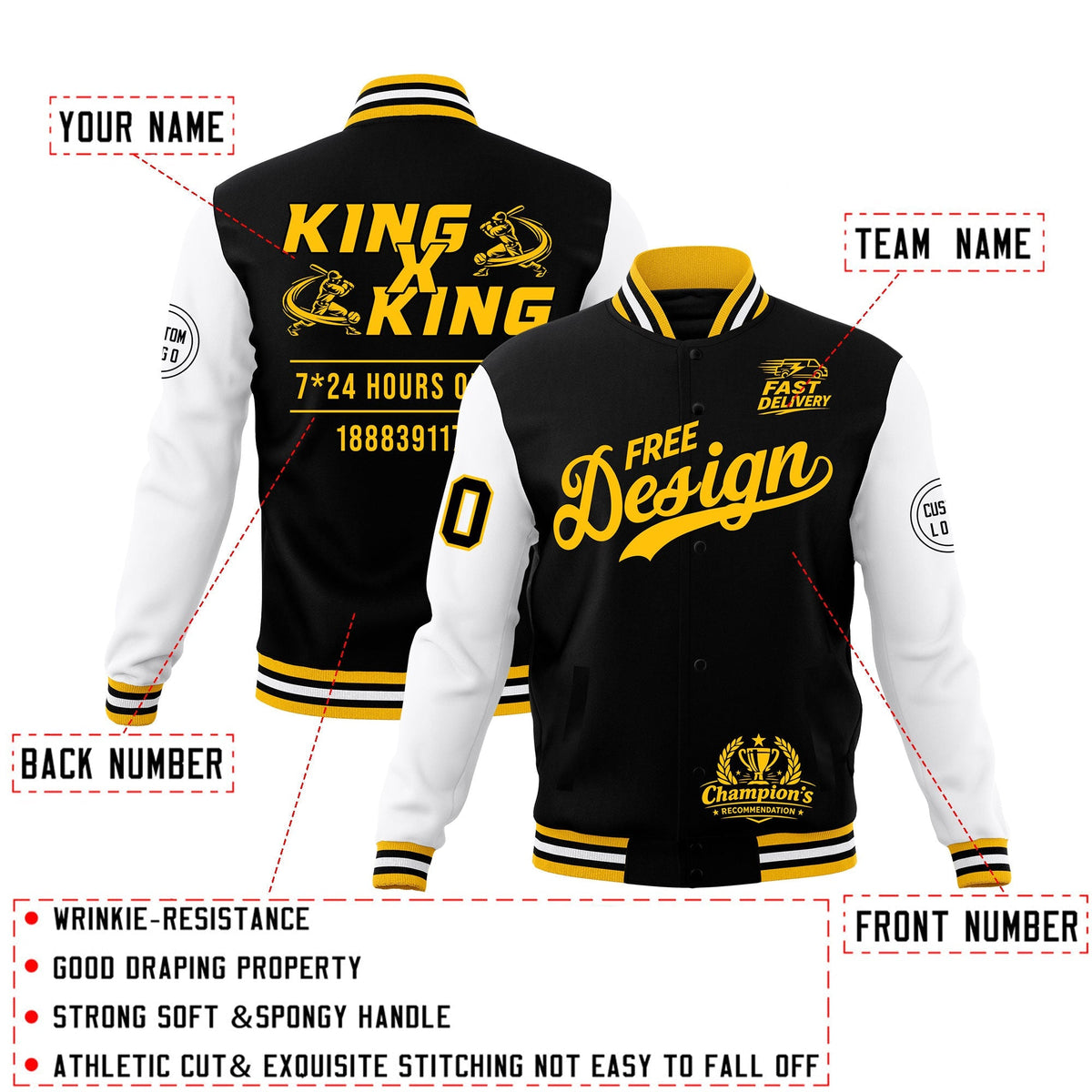 Custom Black Gold White Classic Style Full-Snap Wrinkle-Resistant Jacket| KXKSHOP