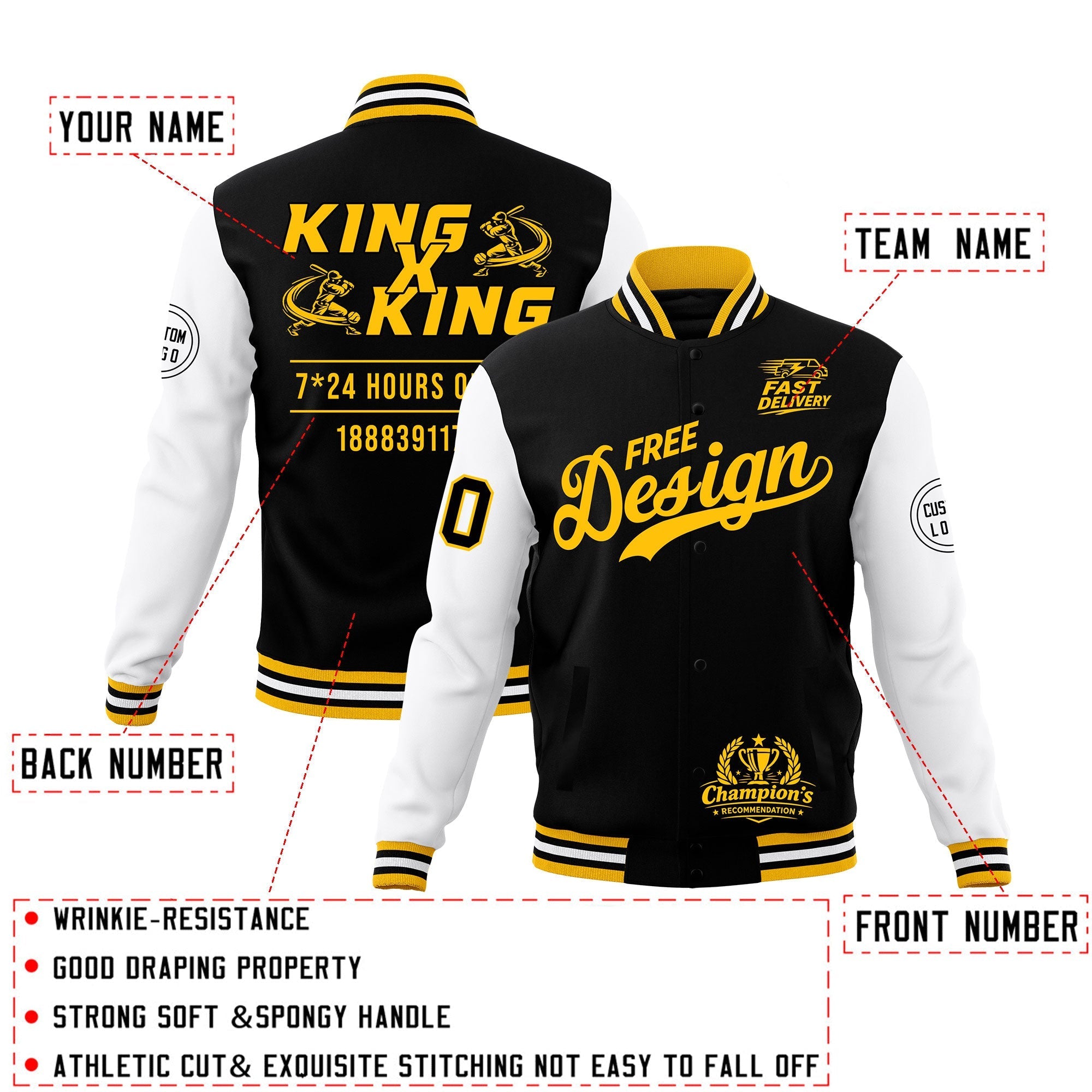 Custom Black Gold White Classic Style Full-Snap Wrinkle-Resistant Jacket| KXKSHOP
