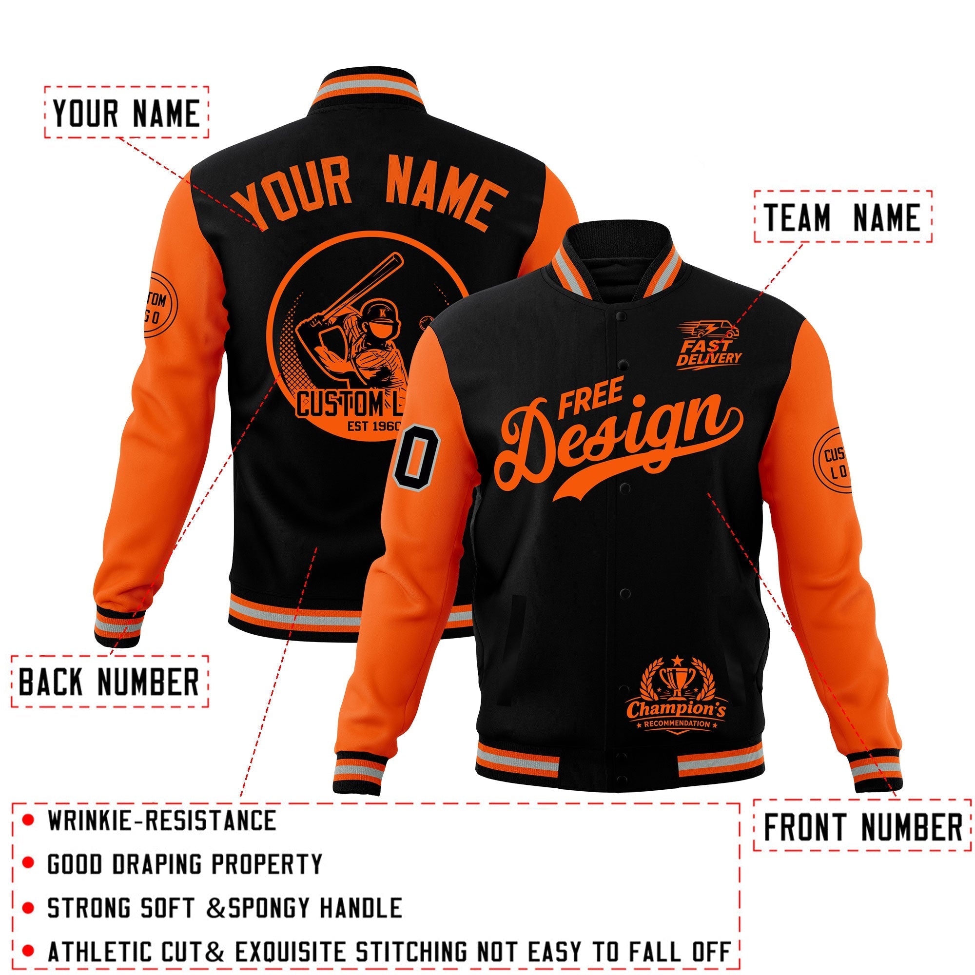 Custom Black Orange Gray Classic Style Full-Snap Breathable Jacket| KXKSHOP