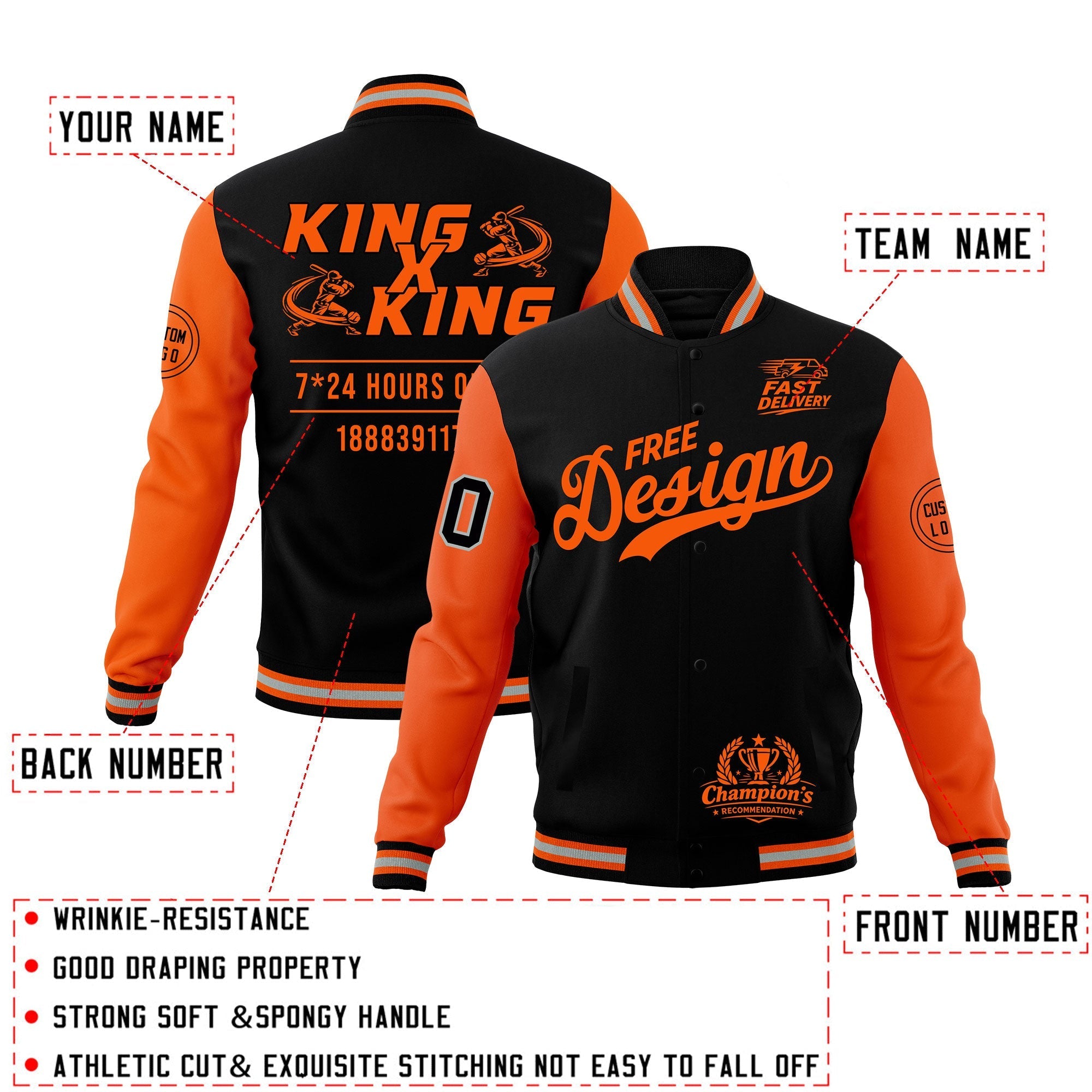Custom Black Orange Gray Classic Style Full-Snap Wrinkle-Resistant Jacket| KXKSHOP