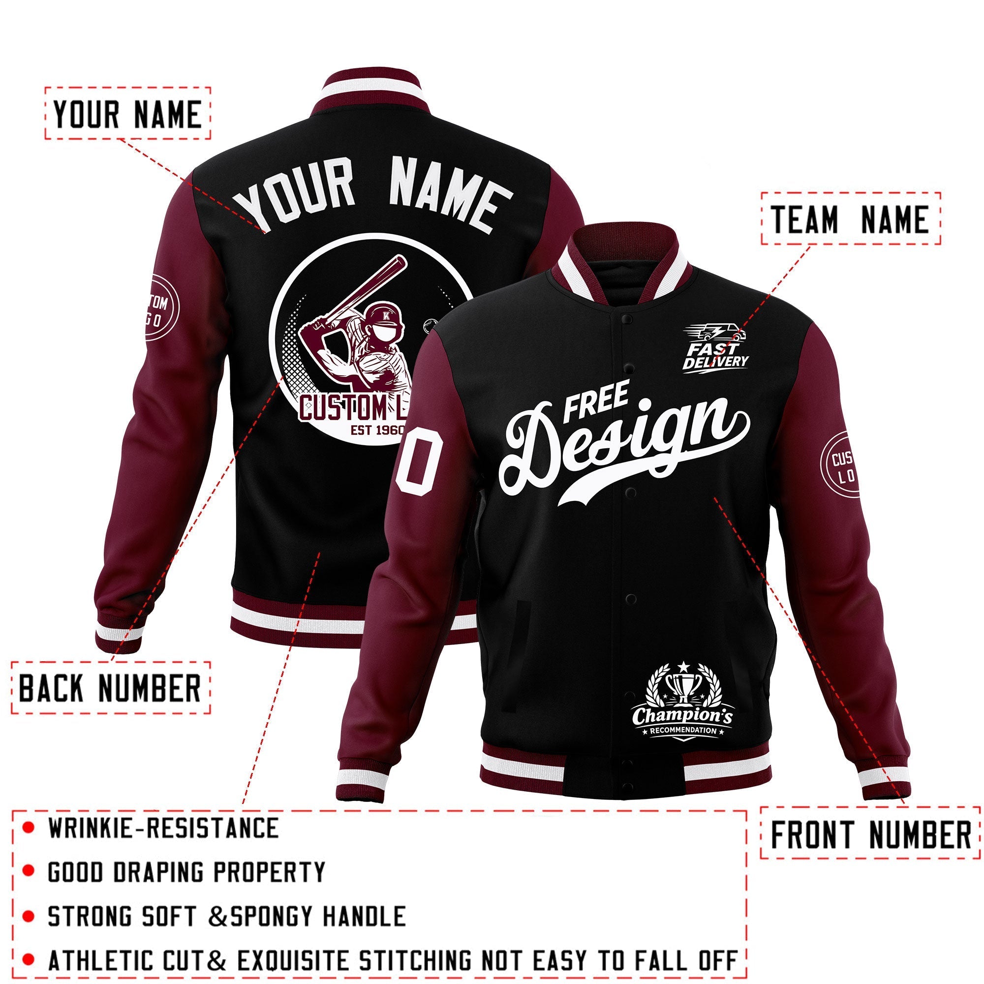 Custom Black Burgundy White Classic Style Full-Snap Breathable Jacket| KXKSHOP
