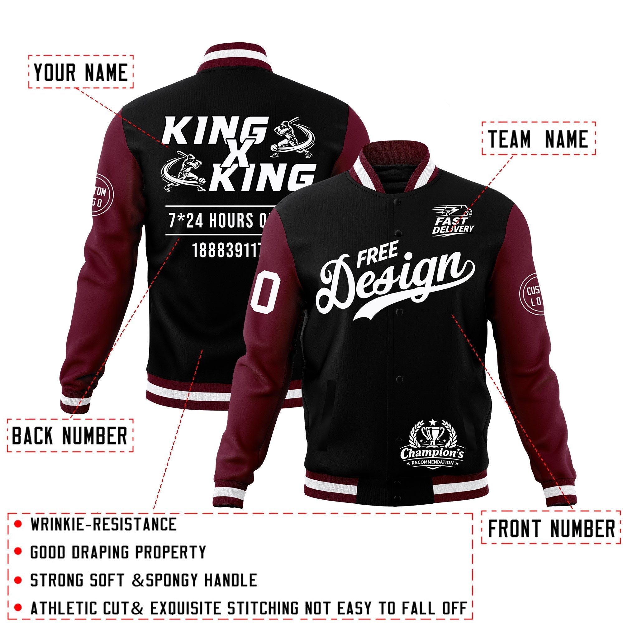 Custom Black Burgundy White Classic Style Full-Snap Wrinkle-Resistant Jacket| KXKSHOP