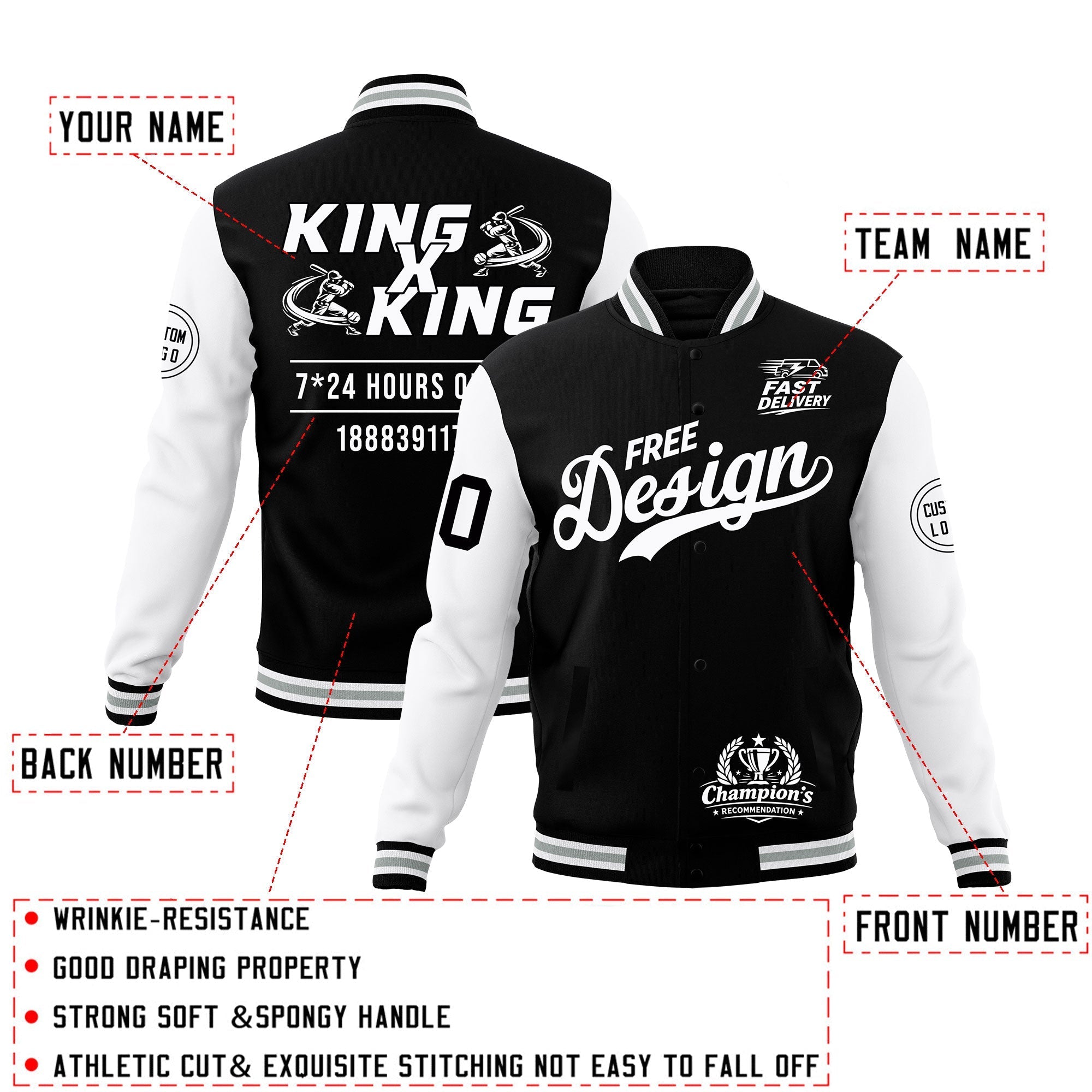 Custom Black White Gray Classic Style Full-Snap Wrinkle-Resistant Jacket| KXKSHOP