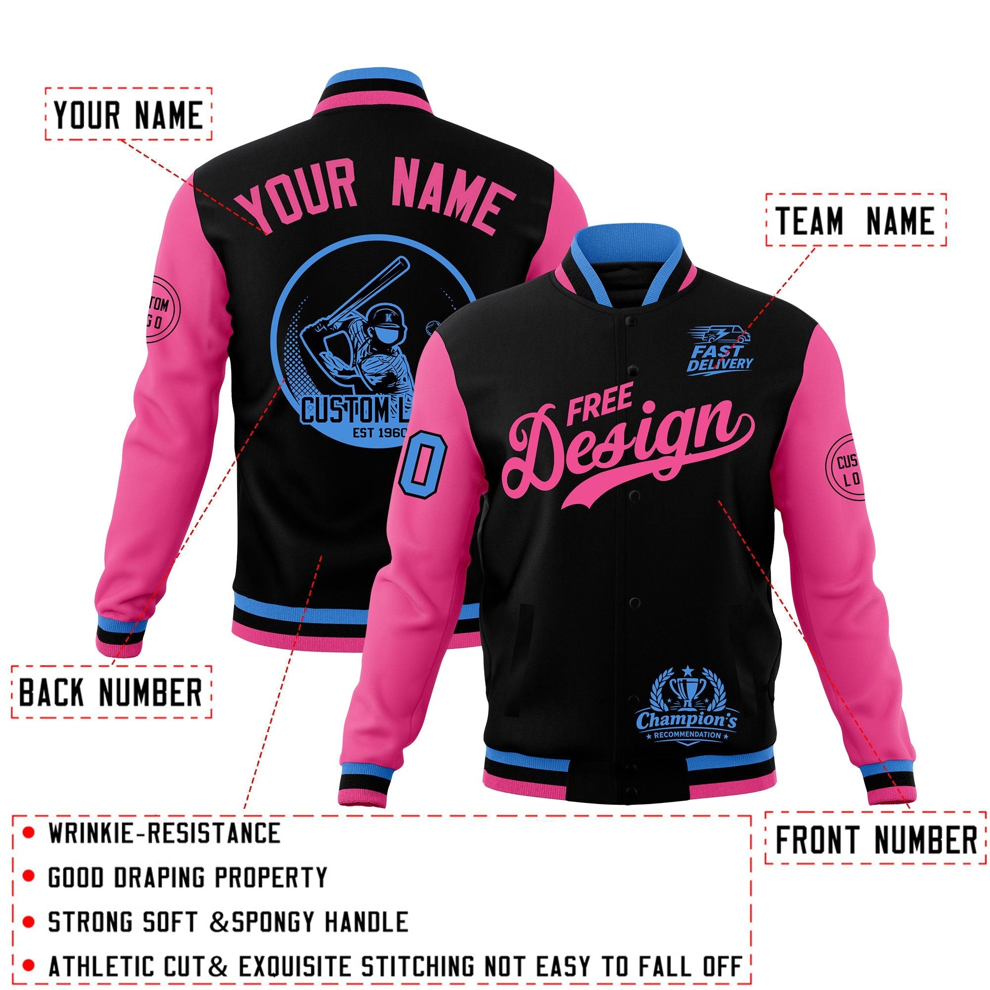 Custom Black Light Blue Pink Classic Style Full-Snap Breathable Jacket| KXKSHOP
