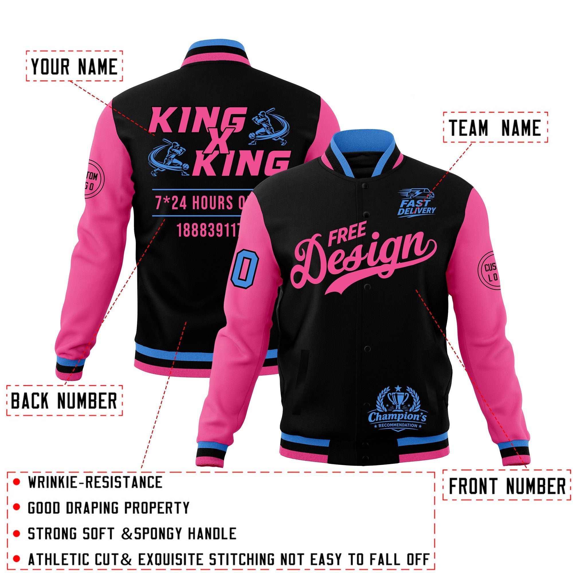Custom Black Light Blue Pink Classic Style Full-Snap Wrinkle-Resistant Jacket| KXKSHOP