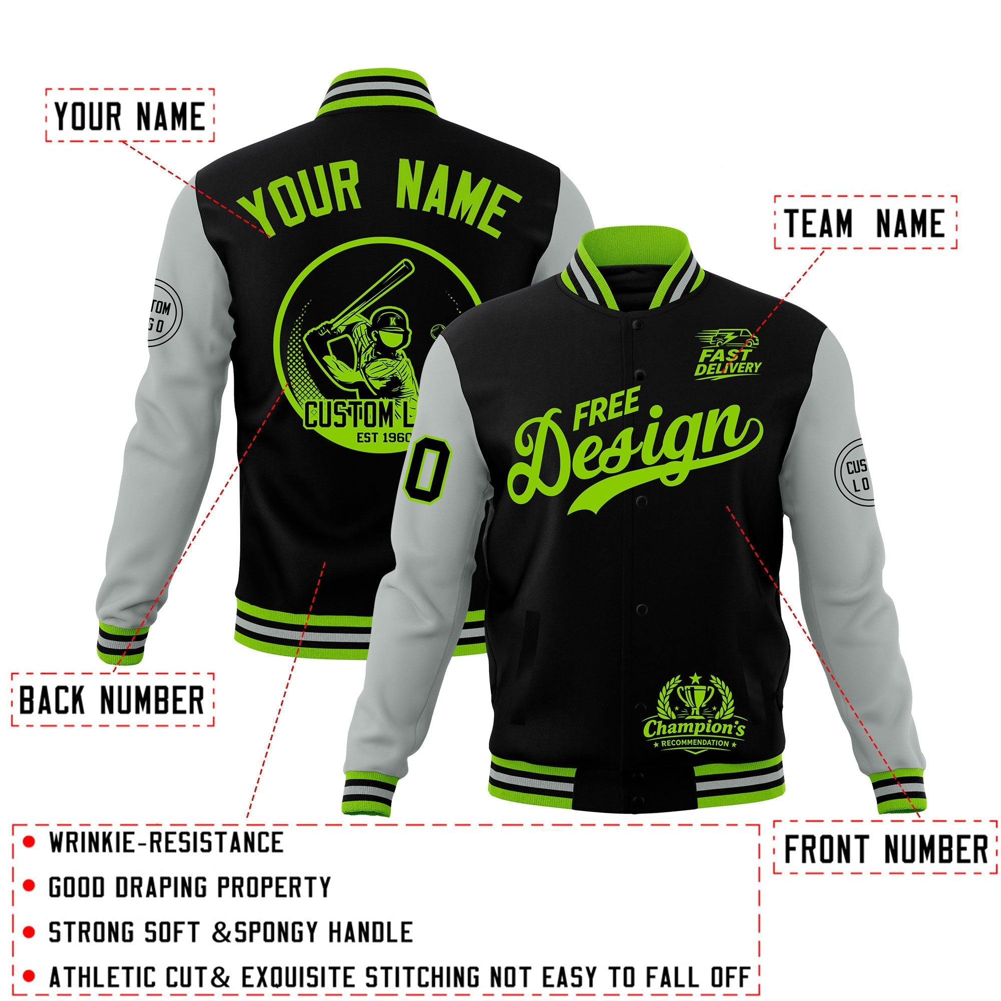 Custom Black Green Gray Classic Style Full-Snap Breathable Jacket| KXKSHOP