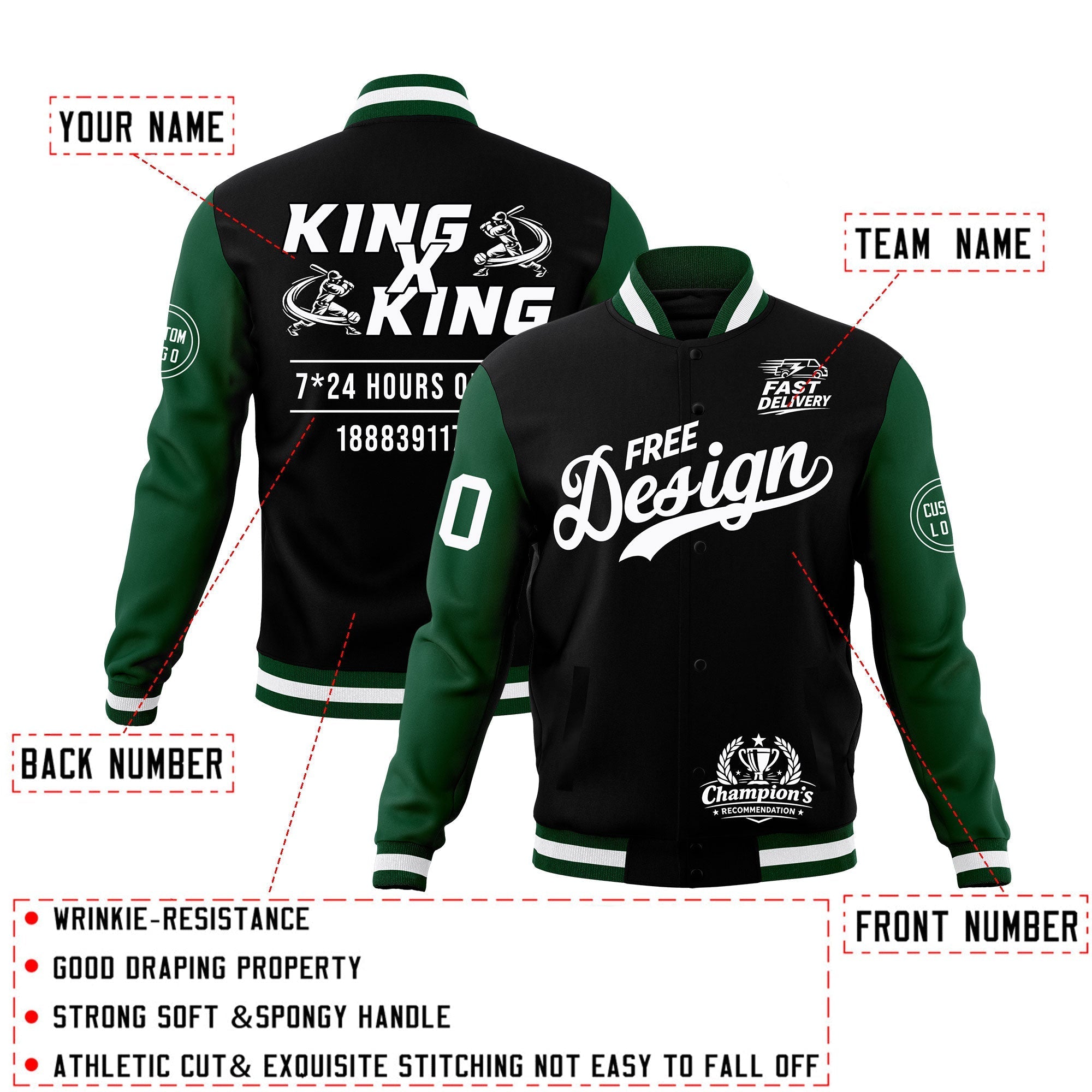 Custom Black Green White Classic Style Full-Snap Wrinkle-Resistant Jacket| KXKSHOP