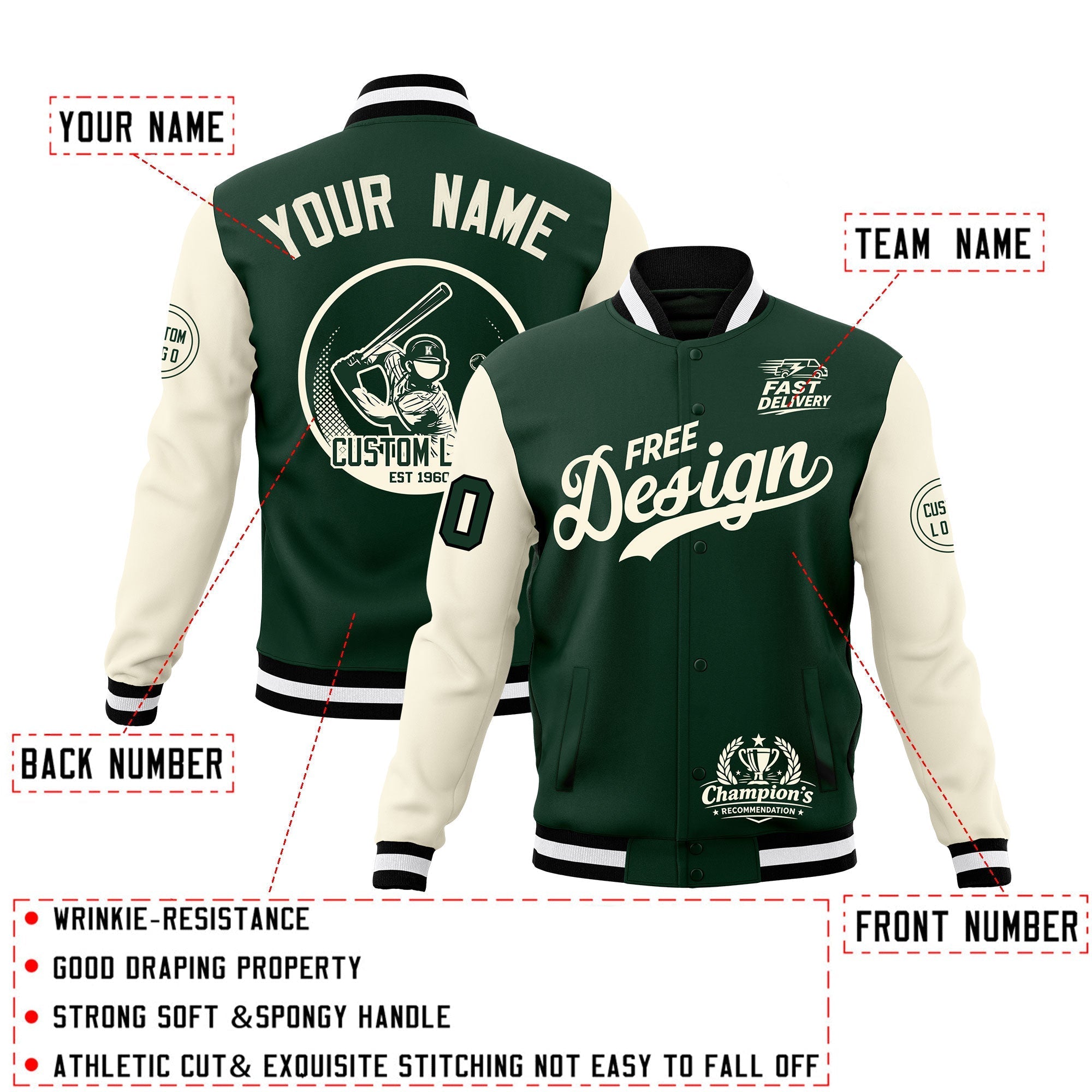 Custom Green Black White Classic Style Full-Snap Breathable Jacket| KXKSHOP