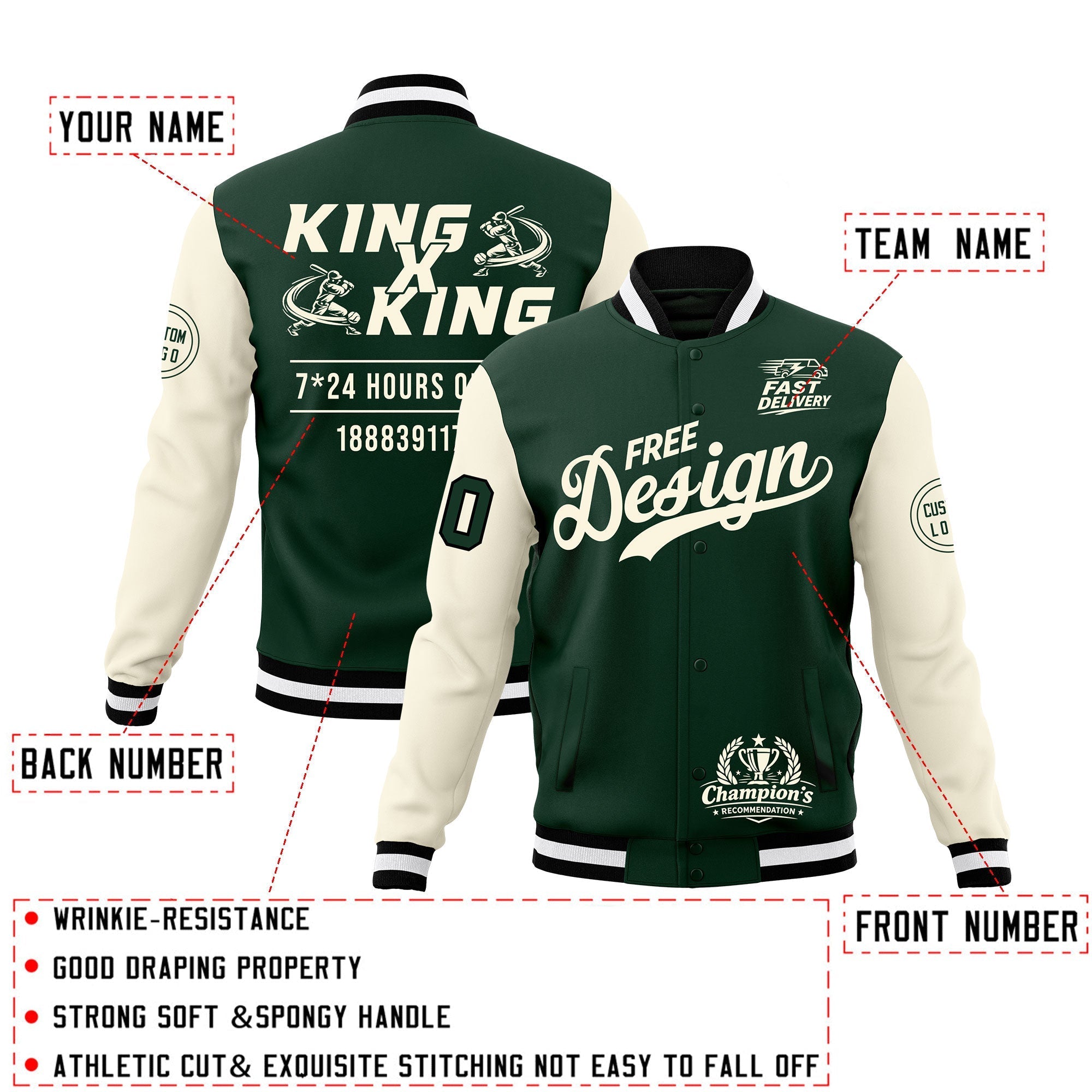 Custom Green Black White Classic Style Full-Snap Wrinkle-Resistant Jacket| KXKSHOP