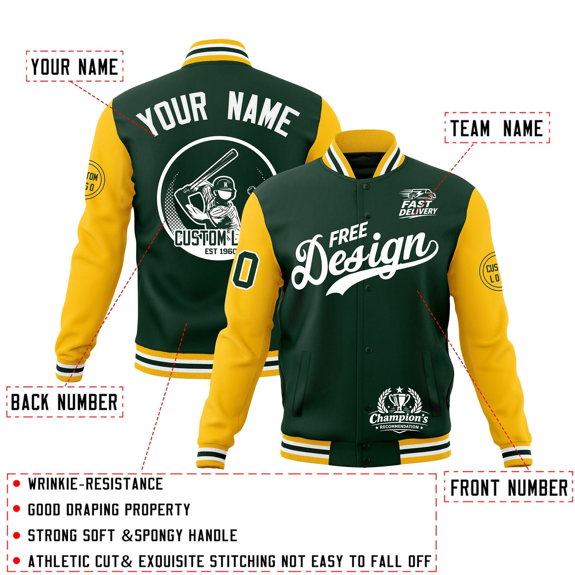 Custom Green Gold White Classic Style Full-Snap Breathable Jacket| KXKSHOP