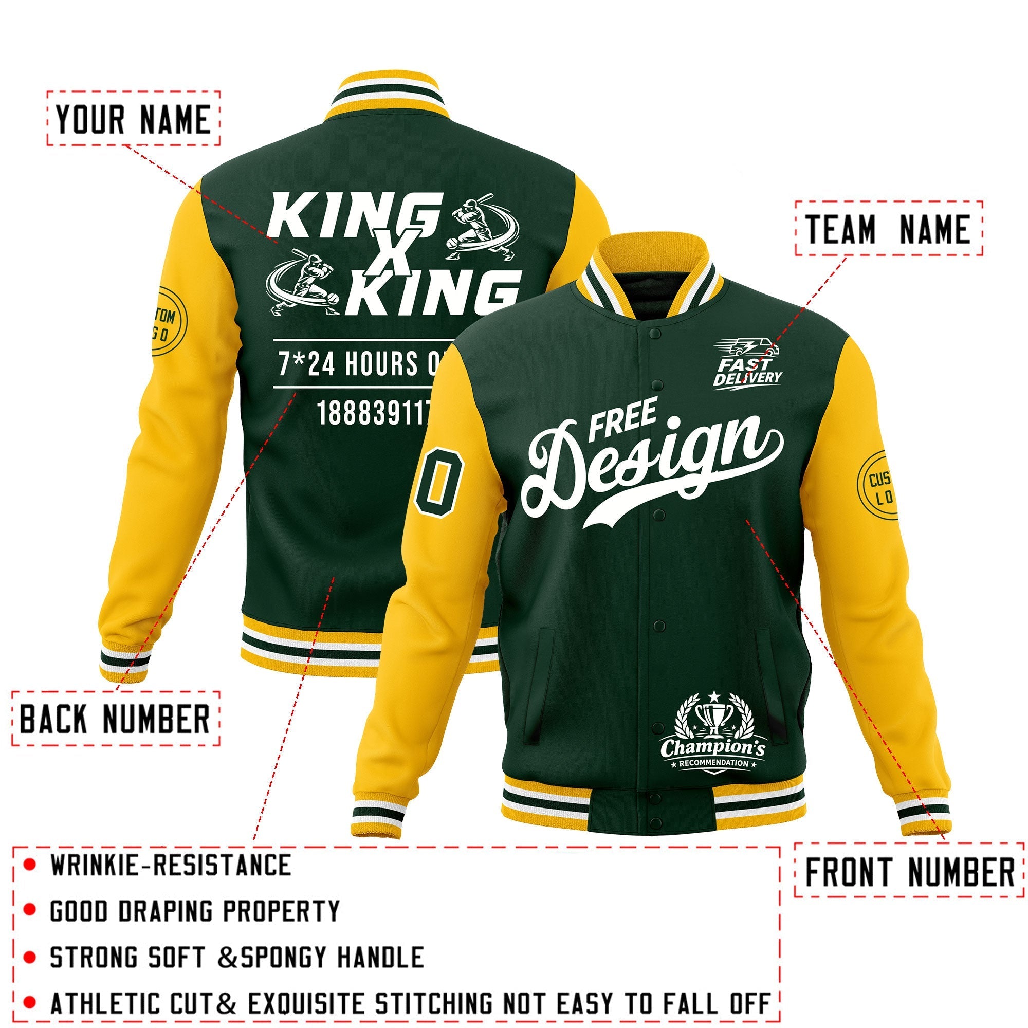 Custom Green Gold White Classic Style Full-Snap Wrinkle-Resistant Jacket| KXKSHOP