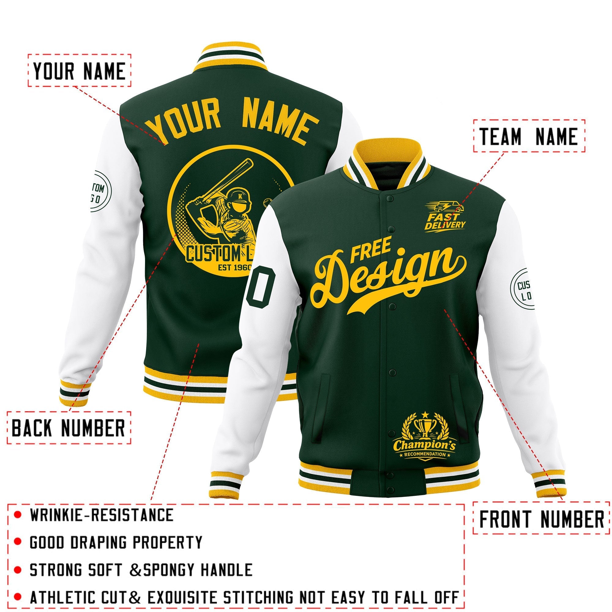 Custom Green Gold White Classic Style Full-Snap Breathable Jacket| KXKSHOP