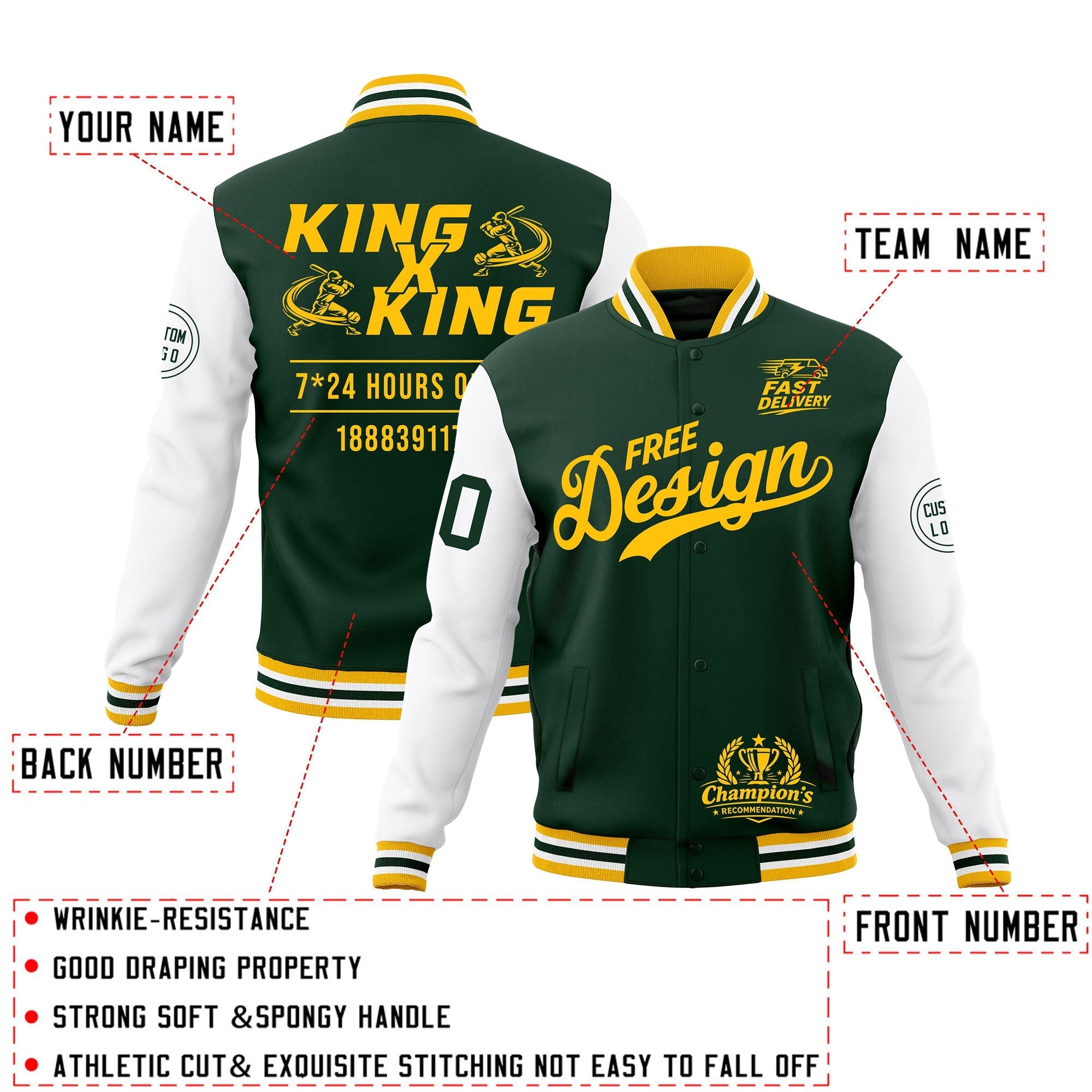 Custom Green Gold White Classic Style Full-Snap Wrinkle-Resistant Jacket| KXKSHOP