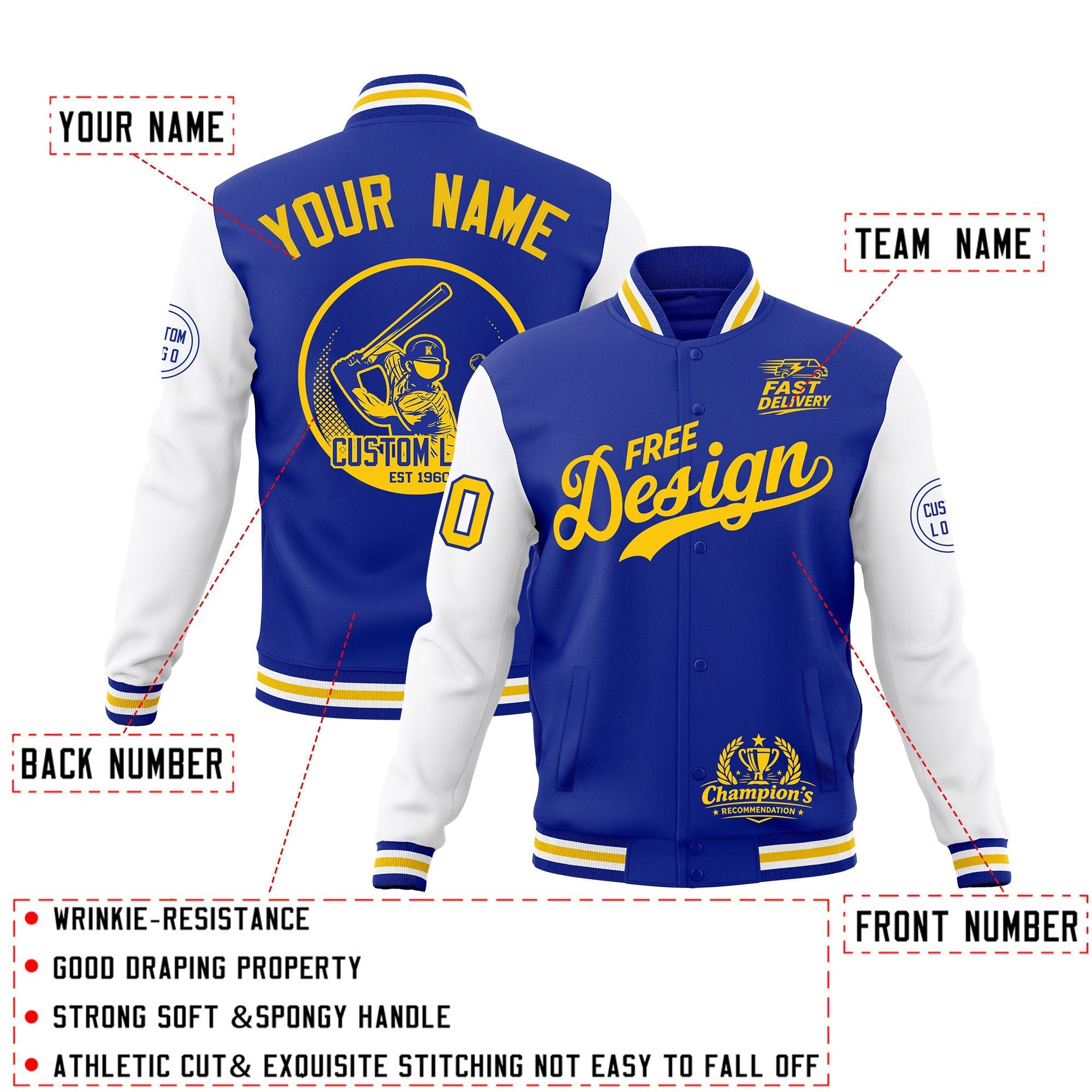 Custom Royal Blue White Gold Classic Style Full-Snap Breathable Jacket| KXKSHOP
