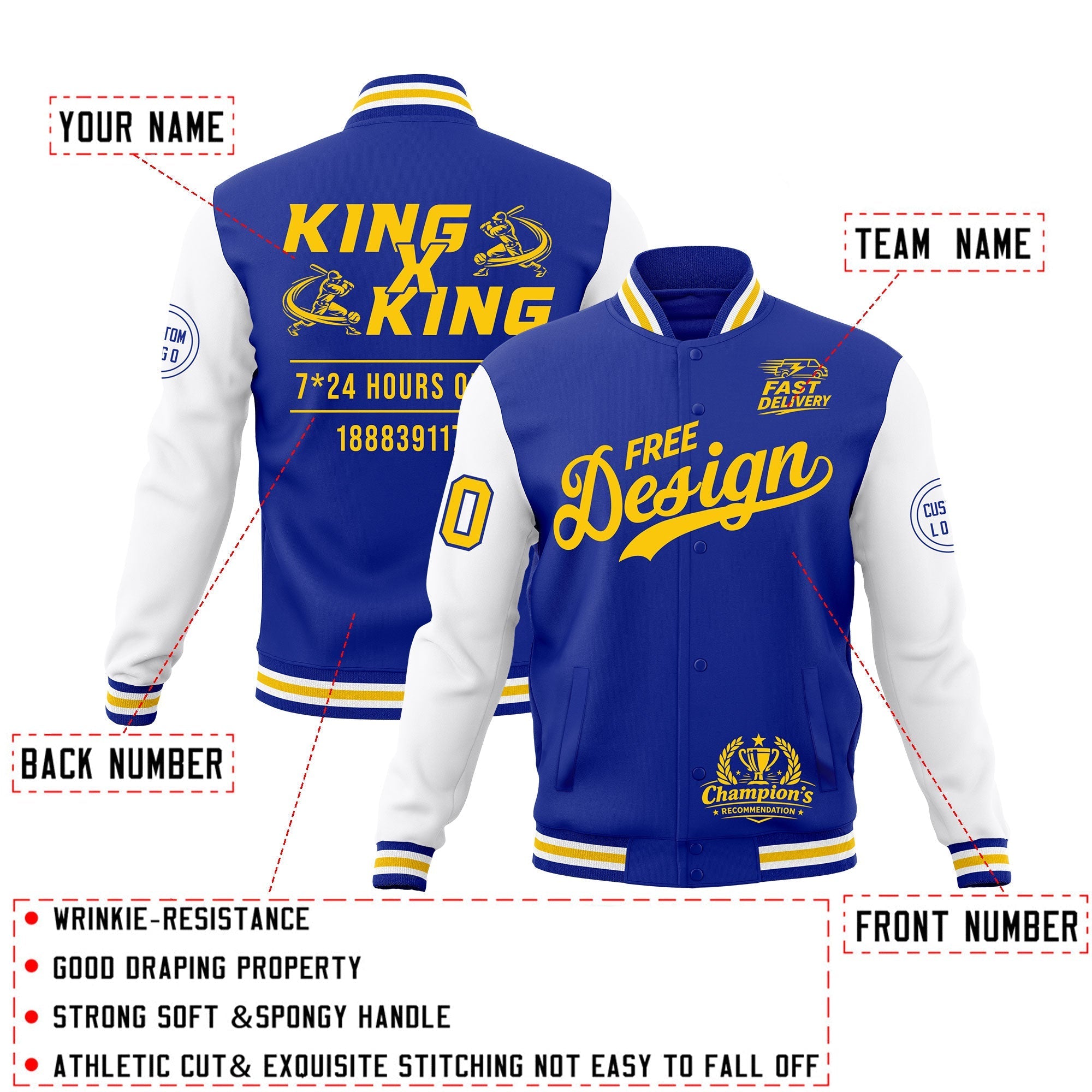 Custom Royal Blue White Gold Classic Style Full-Snap Wrinkle-Resistant Jacket| KXKSHOP