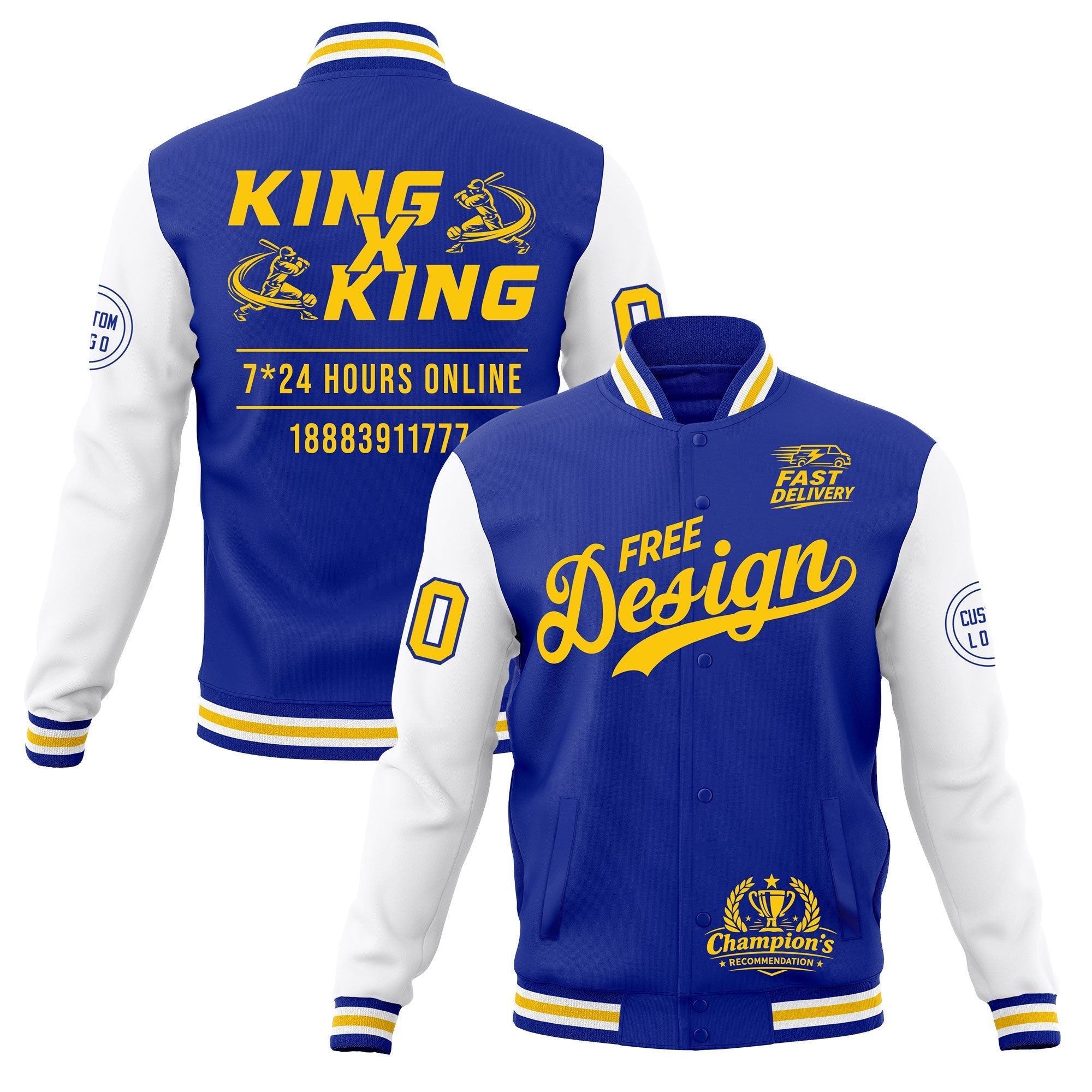 Custom Royal Blue White Gold Classic Style Full-Snap Wrinkle-Resistant Jacket| KXKSHOP
