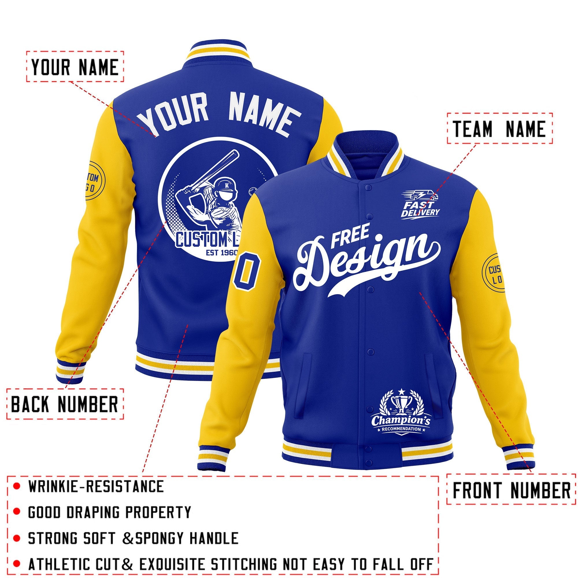 Custom Royal Blue White Gold Classic Style Full-Snap Breathable Jacket| KXKSHOP