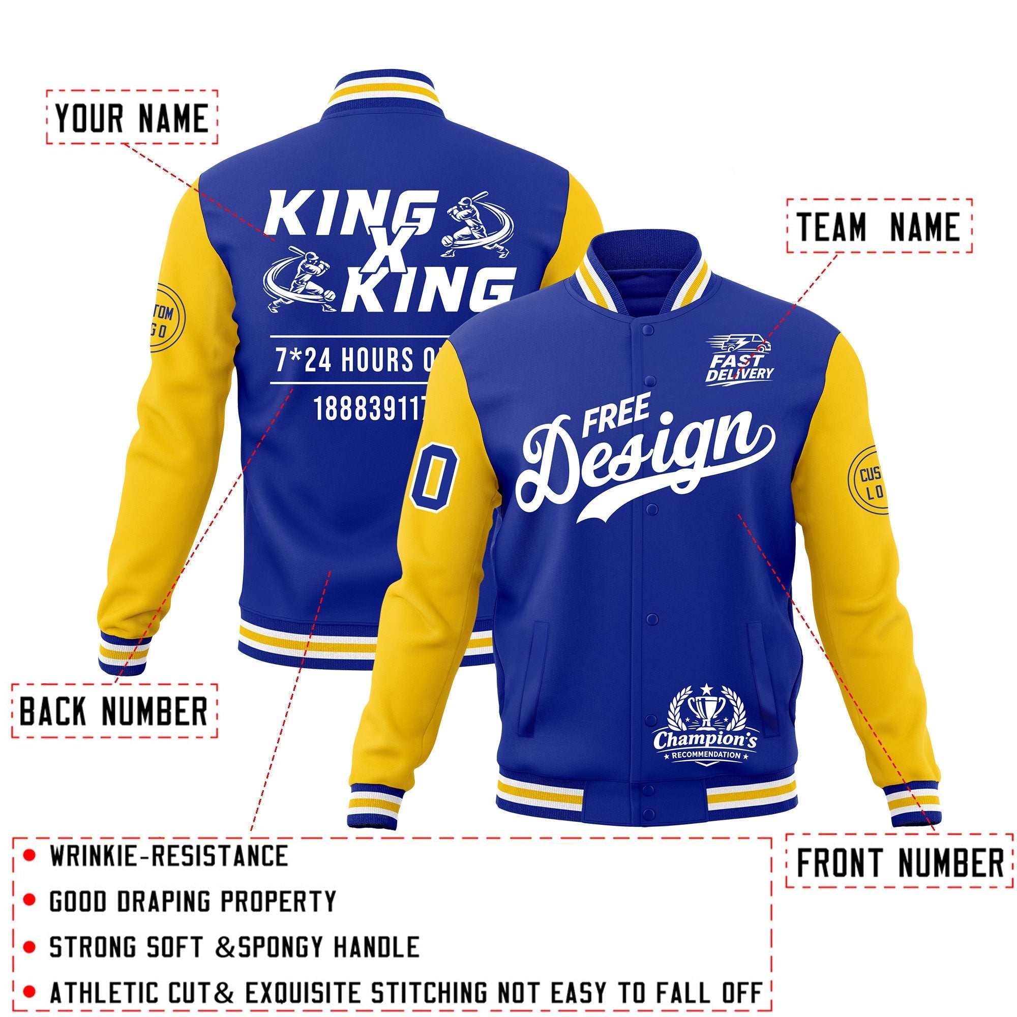 Custom Royal Blue White Gold Classic Style Full-Snap Wrinkle-Resistant Jacket| KXKSHOP