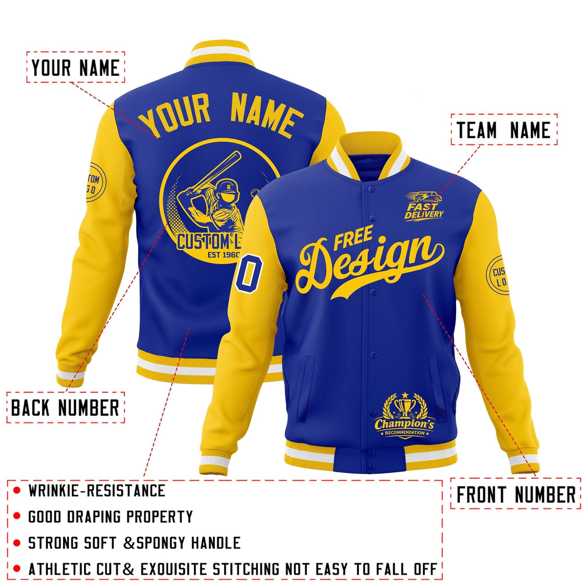Custom Royal Blue Gold White Classic Style Full-Snap Breathable Jacket| KXKSHOP