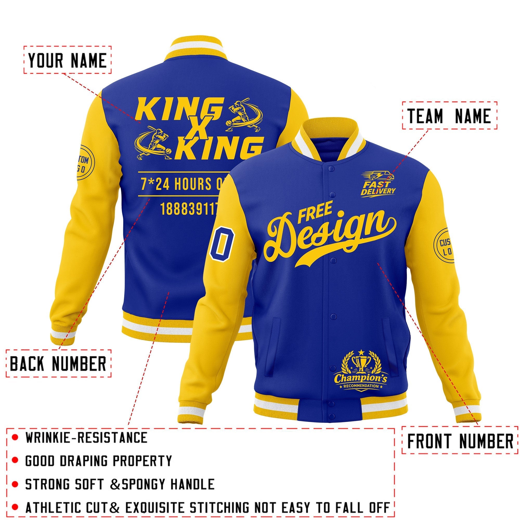 Custom Royal Blue Gold White Classic Style Full-Snap Wrinkle-Resistant Jacket| KXKSHOP