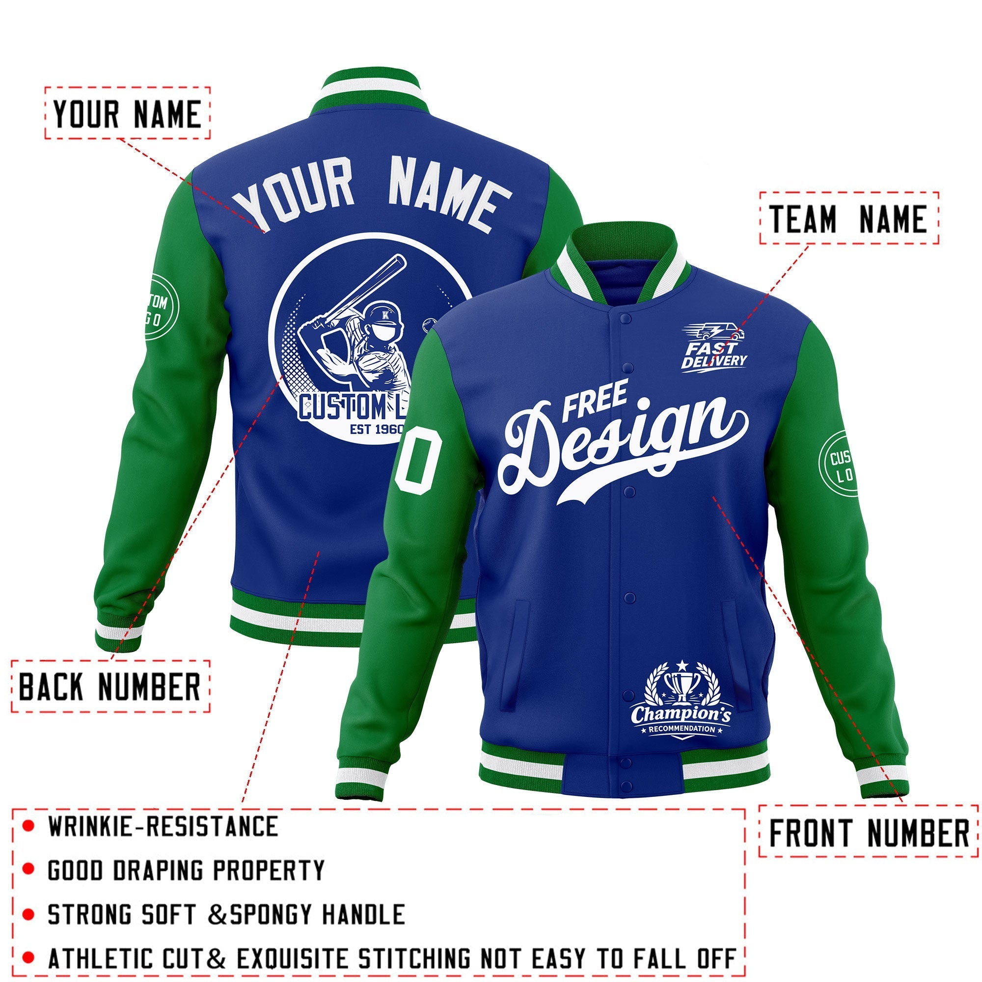 Custom Royal Blue Kelly Green White Classic Style Full-Snap Breathable Jacket| KXKSHOP