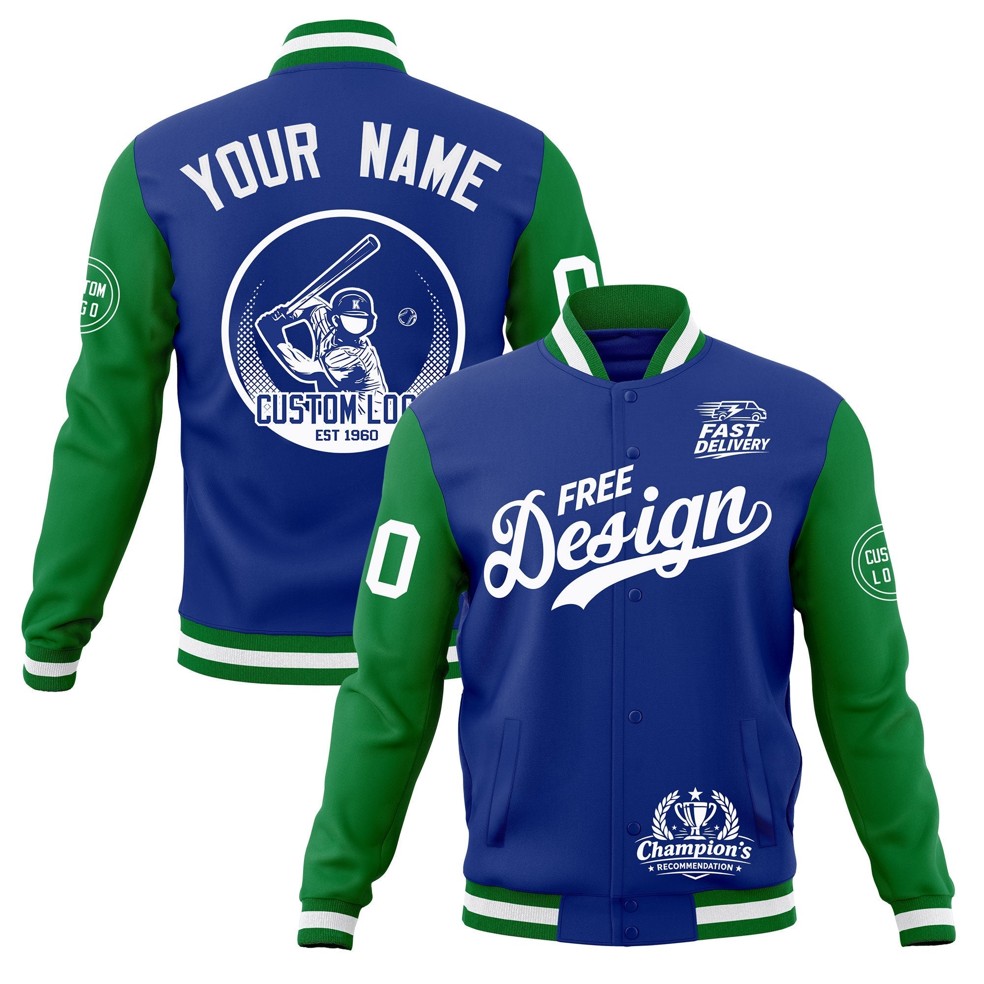 Custom Royal Blue Kelly Green White Classic Style Full-Snap Breathable Jacket| KXKSHOP