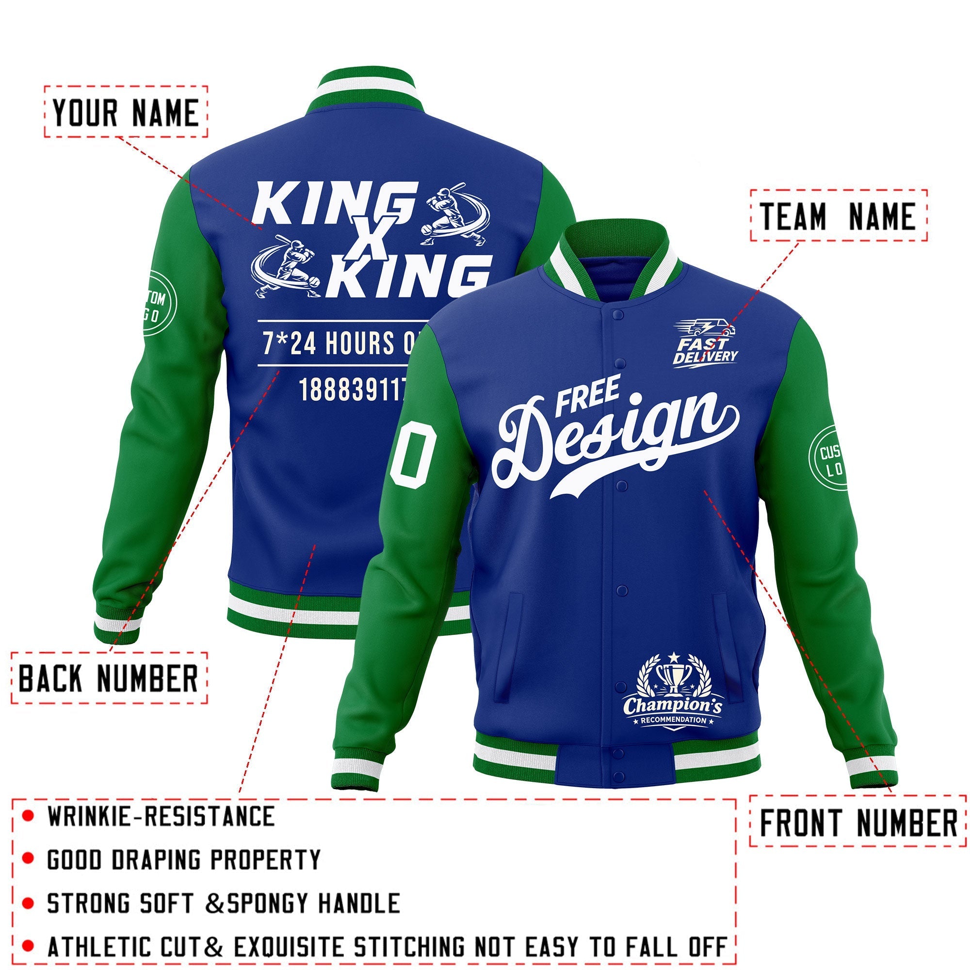Custom Royal Blue Kelly Green White Classic Style Full-Snap Wrinkle-Resistant Jacket| KXKSHOP