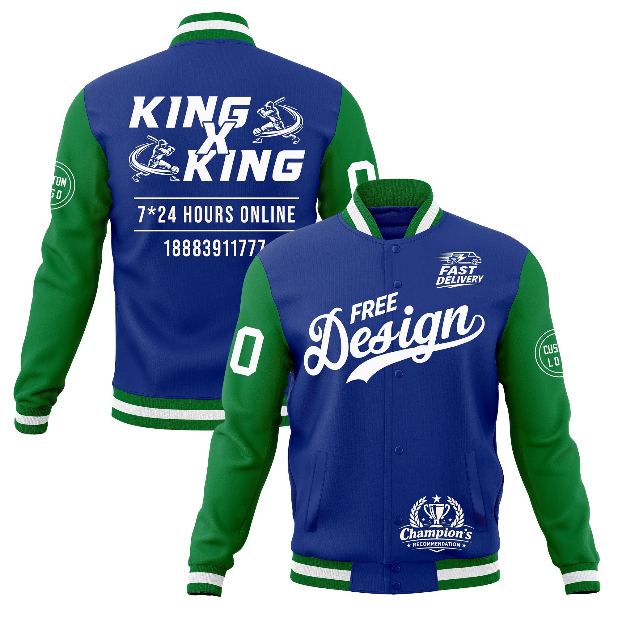 Custom Royal Blue Kelly Green White Classic Style Full-Snap Wrinkle-Resistant Jacket| KXKSHOP