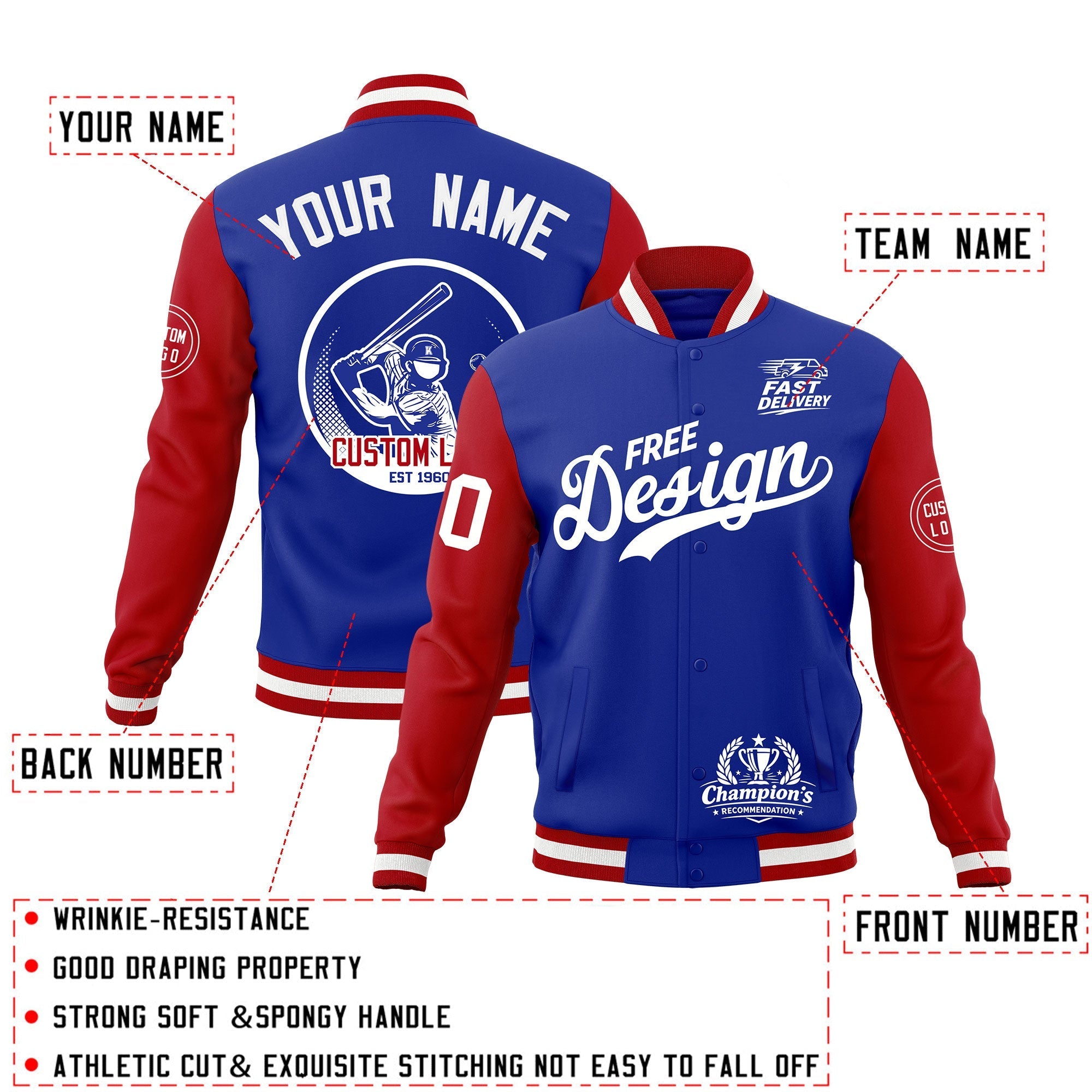 Custom Royal Blue Red White Classic Style Full-Snap Breathable Jacket| KXKSHOP