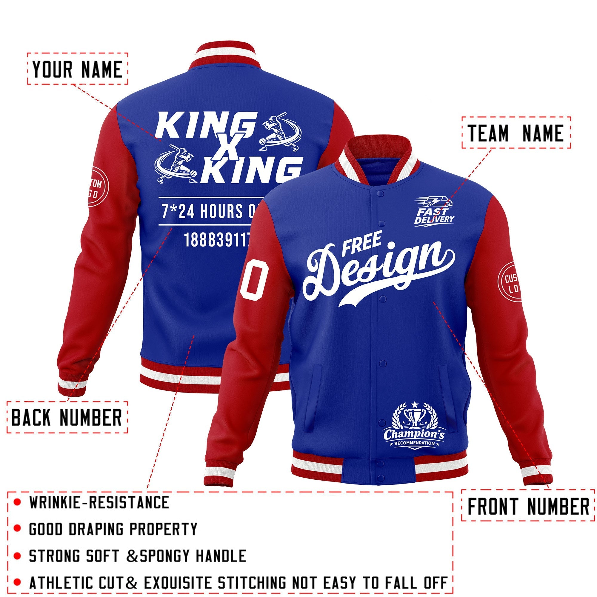 Custom Royal Blue Red White Classic Style Full-Snap Wrinkle-Resistant Jacket| KXKSHOP