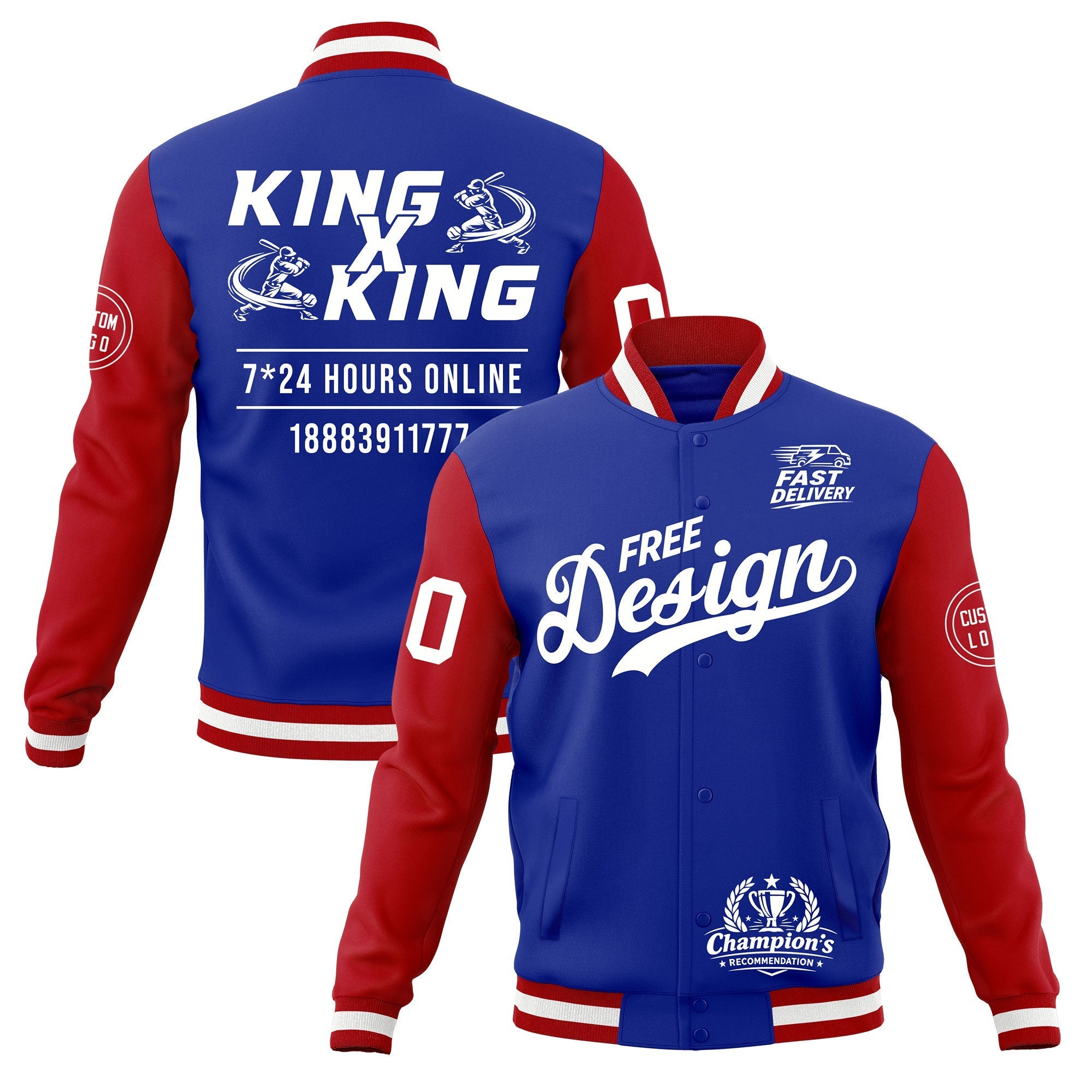 Custom Royal Blue Red White Classic Style Full-Snap Wrinkle-Resistant Jacket| KXKSHOP